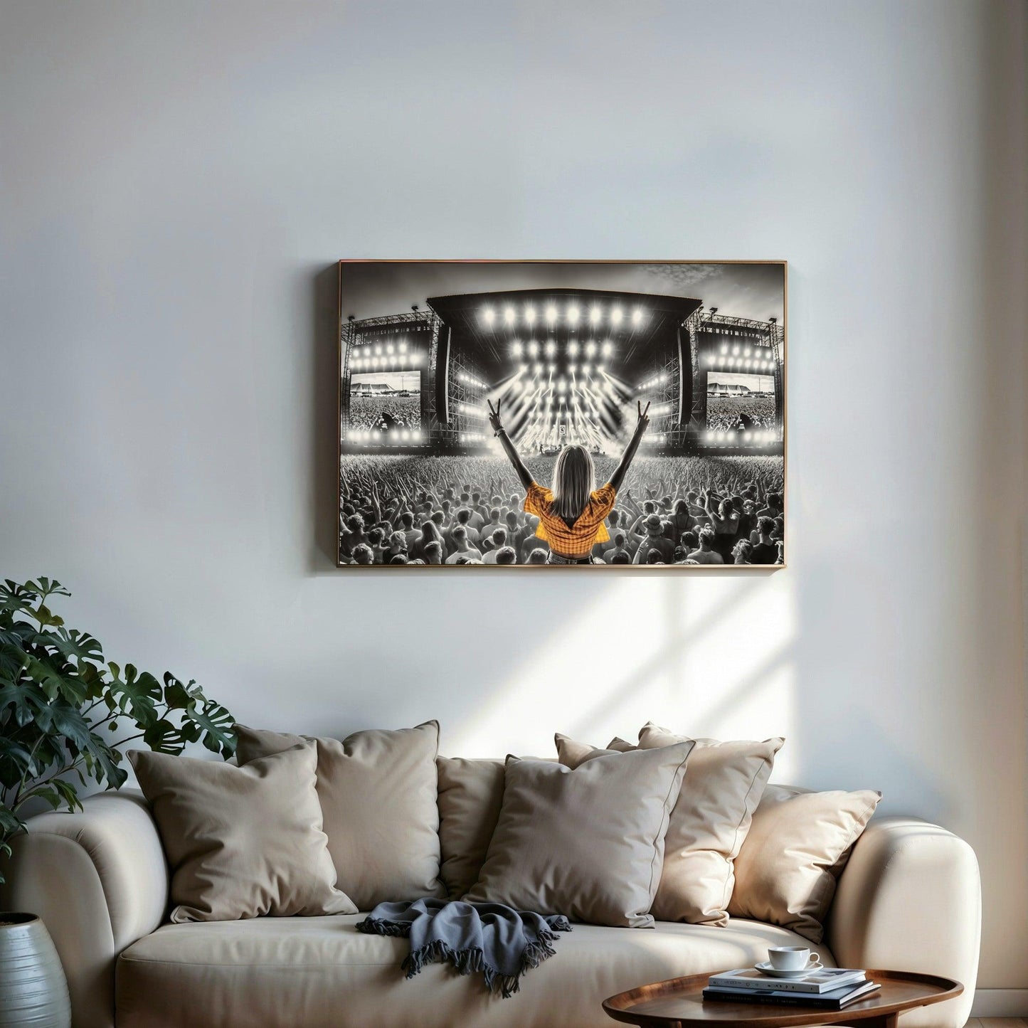 Festival Season | Crowd Unity with Peace Symbol | Yellow Accent | Digital Art | Home Decor | Digital Download | 100 x 70 cm - Arts To GloryFestival Season | Crowd Unity with Peace Symbol | Yellow Accent | Digital Art | Home Decor | Digital Download | 100 x 70 cmDetailed & ComplexArts To GloryEnergetic concert scene in grayscale with a central figure in an orange top raising hands, canvas print for music enthusiasts