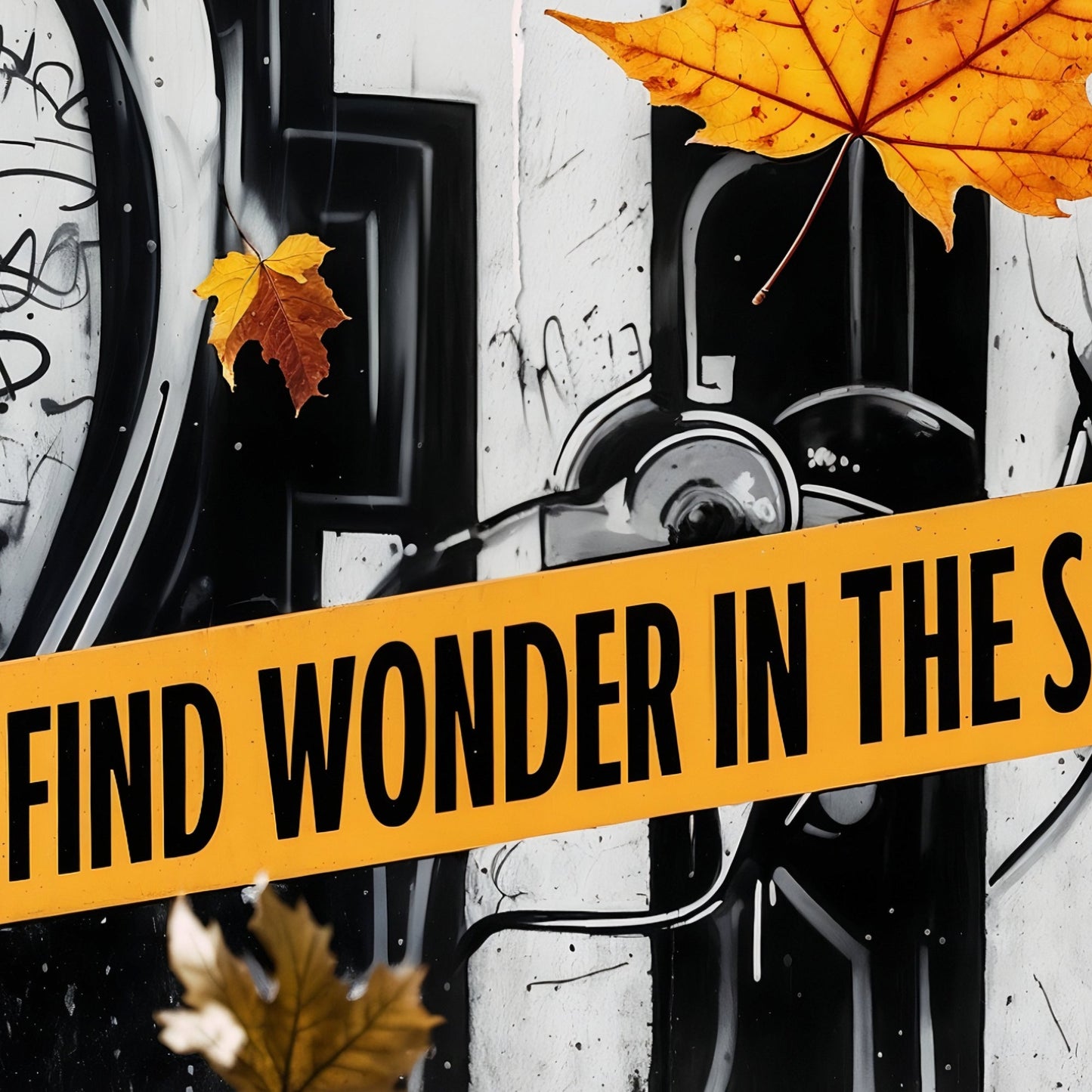 Find Wonder in the Smallest Things - Urban Graffiti with Autumn Leaves - Arts To GloryFind Wonder in the Smallest Things - Urban Graffiti with Autumn LeavesOrangeArts To GloryClose - up of graffiti art with vivid autumn leaves and the motivational text "Find Wonder in the Smallest Things." Suitable for contemporary home décor. Size: 100x70cm.