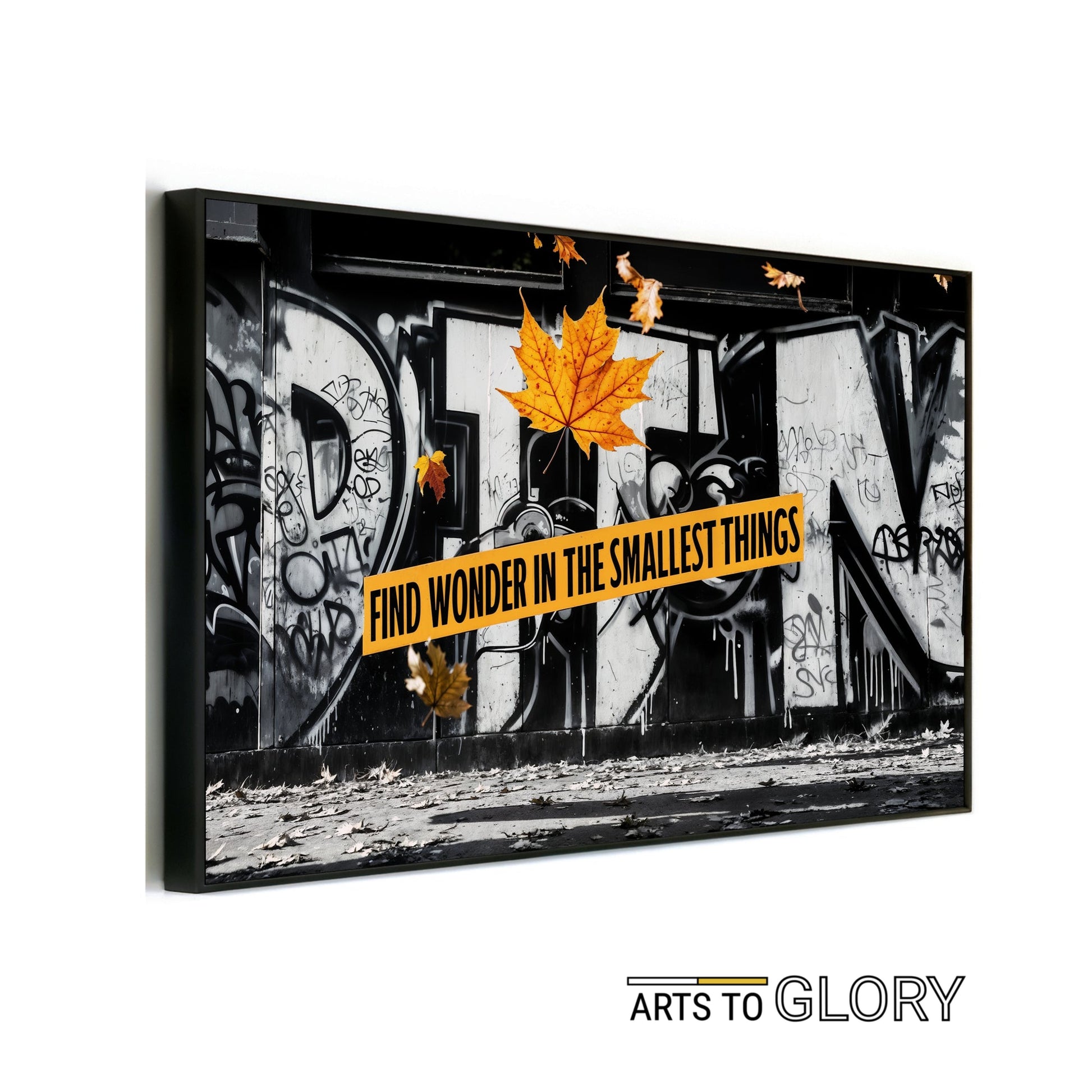 Find Wonder in the Smallest Things - Urban Graffiti with Autumn Leaves - Arts To GloryFind Wonder in the Smallest Things - Urban Graffiti with Autumn LeavesOrangeArts To GloryDigital artwork of vibrant autumn leaves falling over black - and - white graffiti, with the inspirational text "Find Wonder in the Smallest Things." Size: 100x70cm.