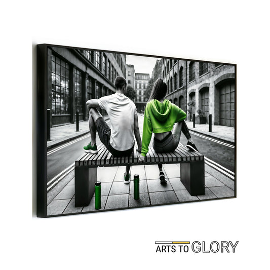 Fitness - Inspired Urban Jogging Scene - Arts To GloryFitness - Inspired Urban Jogging SceneDigital Wall ArtArts To GloryDigital artwork featuring a man and woman resting on a bench after jogging, with green water bottles and vibrant accents, 100x70cm.