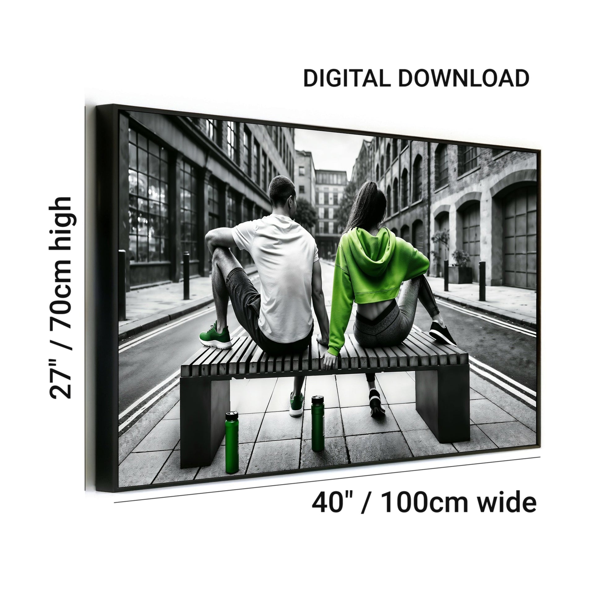 Fitness - Inspired Urban Jogging Scene - Arts To GloryFitness - Inspired Urban Jogging SceneDigital Wall ArtArts To GloryUrban artwork of a man and woman resting after jogging, with bold green accents adding vitality, 100x70cm.