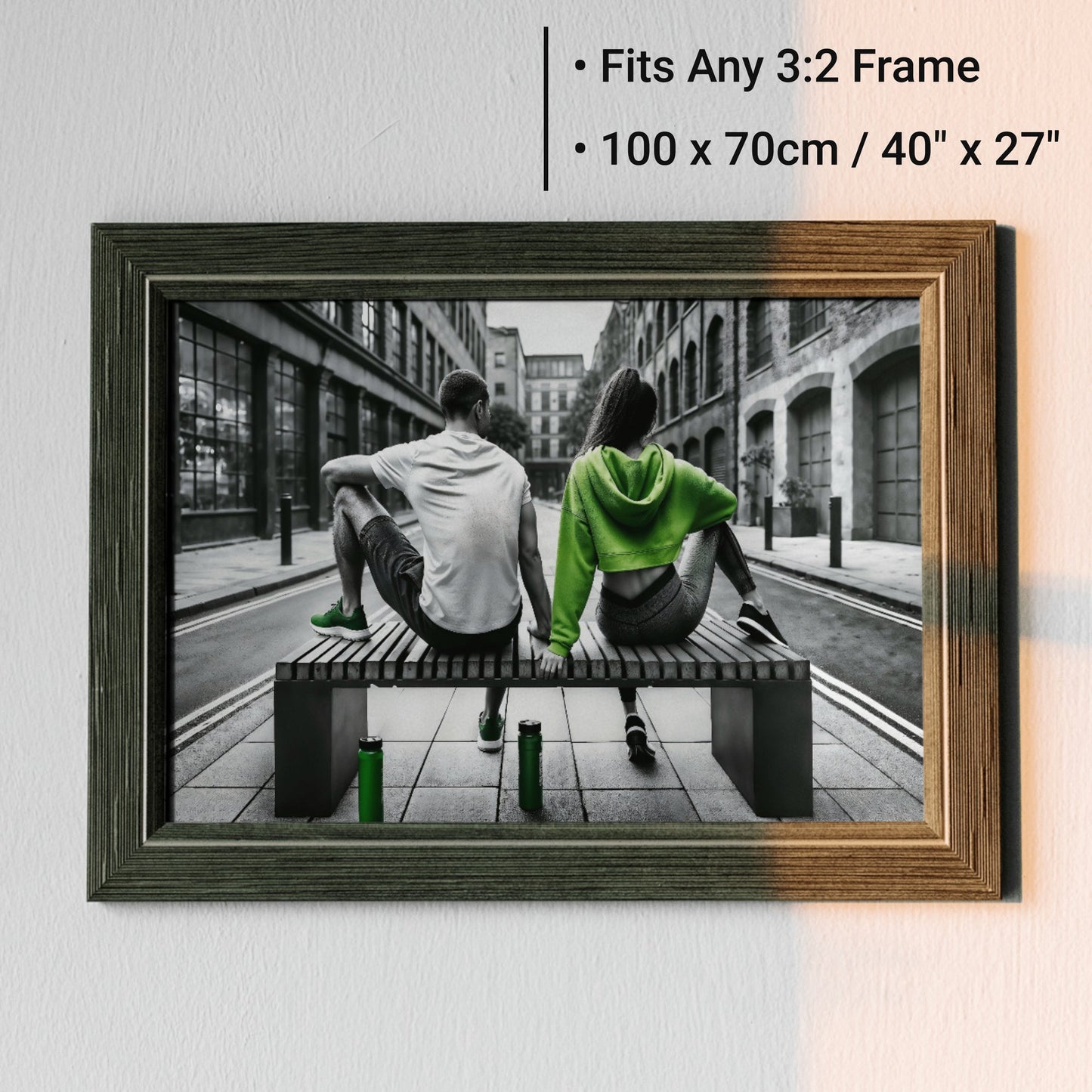 Fitness - Inspired Urban Jogging Scene - Arts To GloryFitness - Inspired Urban Jogging SceneDigital Wall ArtArts To GloryModern digital artwork of two joggers resting in an urban setting, featuring vivid green details, 100x70cm.