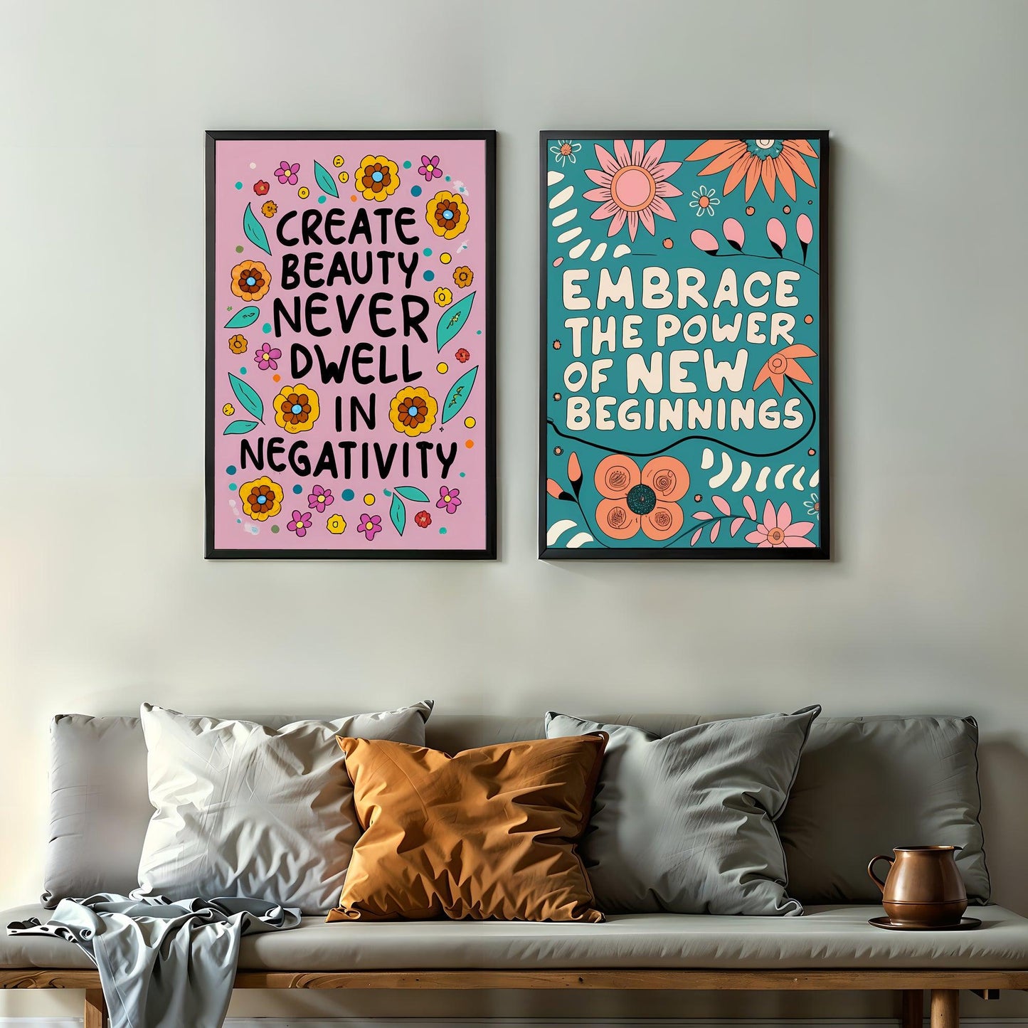 Floral Inspiration | Set of 10 Motivational Quote Posters | Pink & Green Decor | Digital Art | Home Decor | Digital Download | 60 x 90 cm (2:3 Ratio) - Arts To GloryFloral Inspiration | Set of 10 Motivational Quote Posters | Pink & Green Decor | Digital Art | Home Decor | Digital Download | 60 x 90 cm (2:3 Ratio)Textual NarrativesArts To GloryInspirational wall art set with quotes about creating beauty and embracing new beginnings on pink and teal backgrounds, decorated with floral patterns.