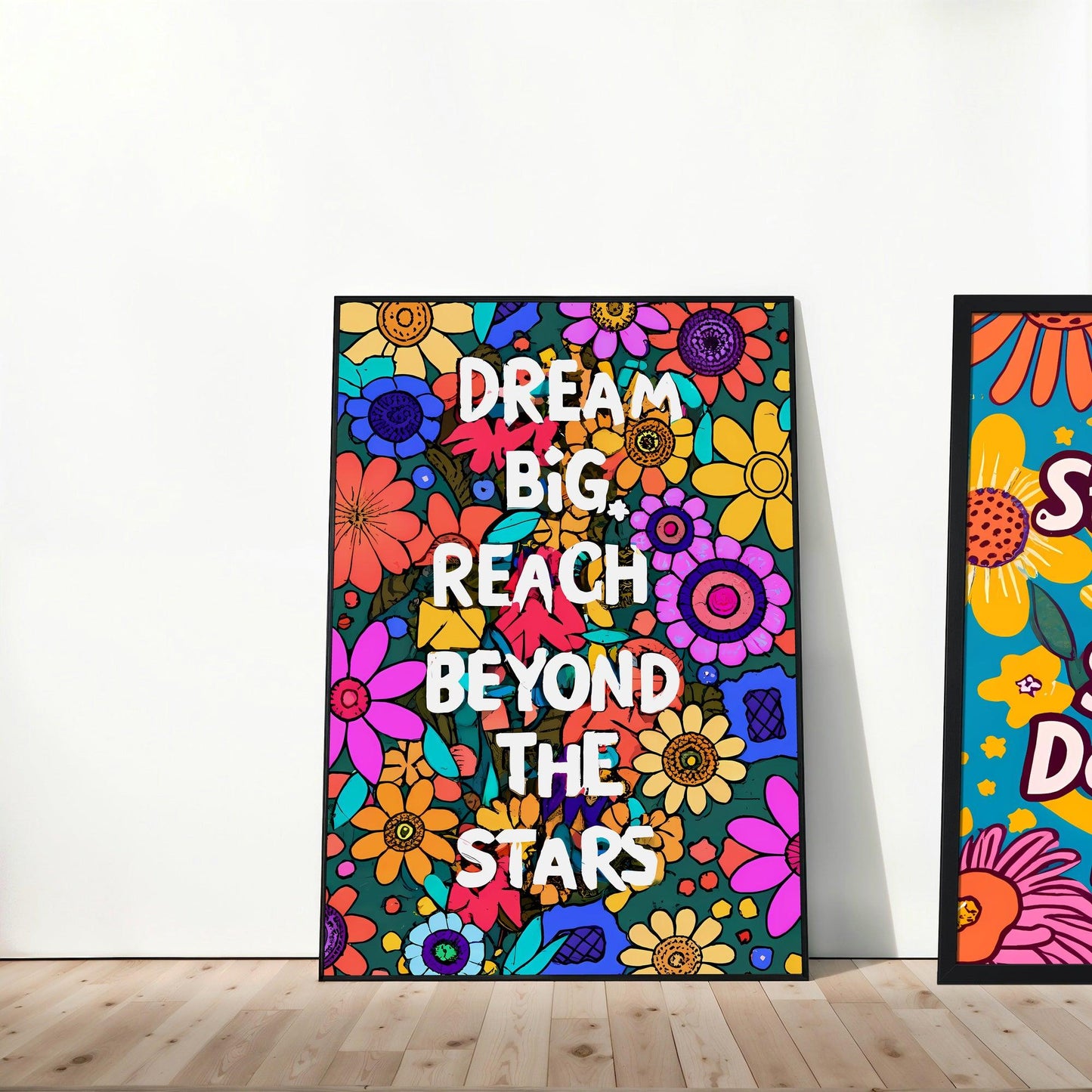 Floral Motivation | Set of 10 Uplifting Quote Posters | Pink & Purple Art | Digital Art | Home Decor | Digital Download | 60 x 90 cm (3:2 Ratio) - Arts To GloryFloral Motivation | Set of 10 Uplifting Quote Posters | Pink & Purple Art | Digital Art | Home Decor | Digital Download | 60 x 90 cm (3:2 Ratio)Textual NarrativesArts To GloryLarge inspirational quote wall art with Dream Big Reach Beyond The Stars message amidst a vivid floral pattern, standing next to a similar styled artwork, creating a