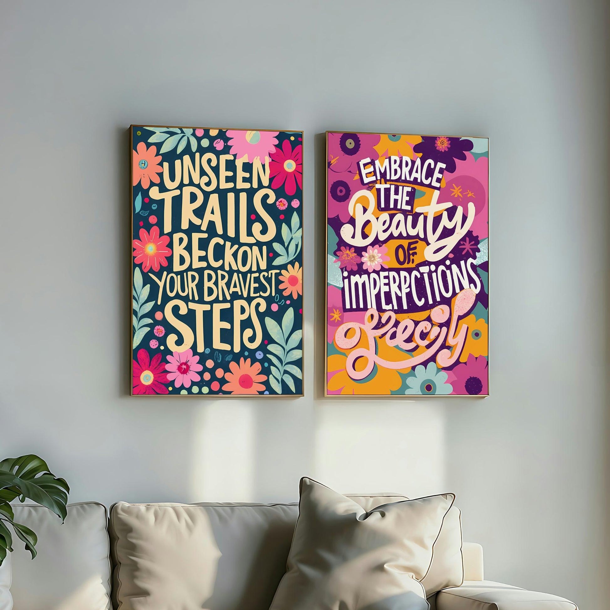 Floral Motivation | Set of 10 Uplifting Quote Posters | Pink & Purple Art | Digital Art | Home Decor | Digital Download | 60 x 90 cm (3:2 Ratio) - Arts To GloryFloral Motivation | Set of 10 Uplifting Quote Posters | Pink & Purple Art | Digital Art | Home Decor | Digital Download | 60 x 90 cm (3:2 Ratio)Textual NarrativesArts To GloryInspirational two-piece wall art set; one features the message 'UNSEEN TRAILS BECKON YOUR BRAVEST STEPS' surrounded by colourful floral designs, and the other says '