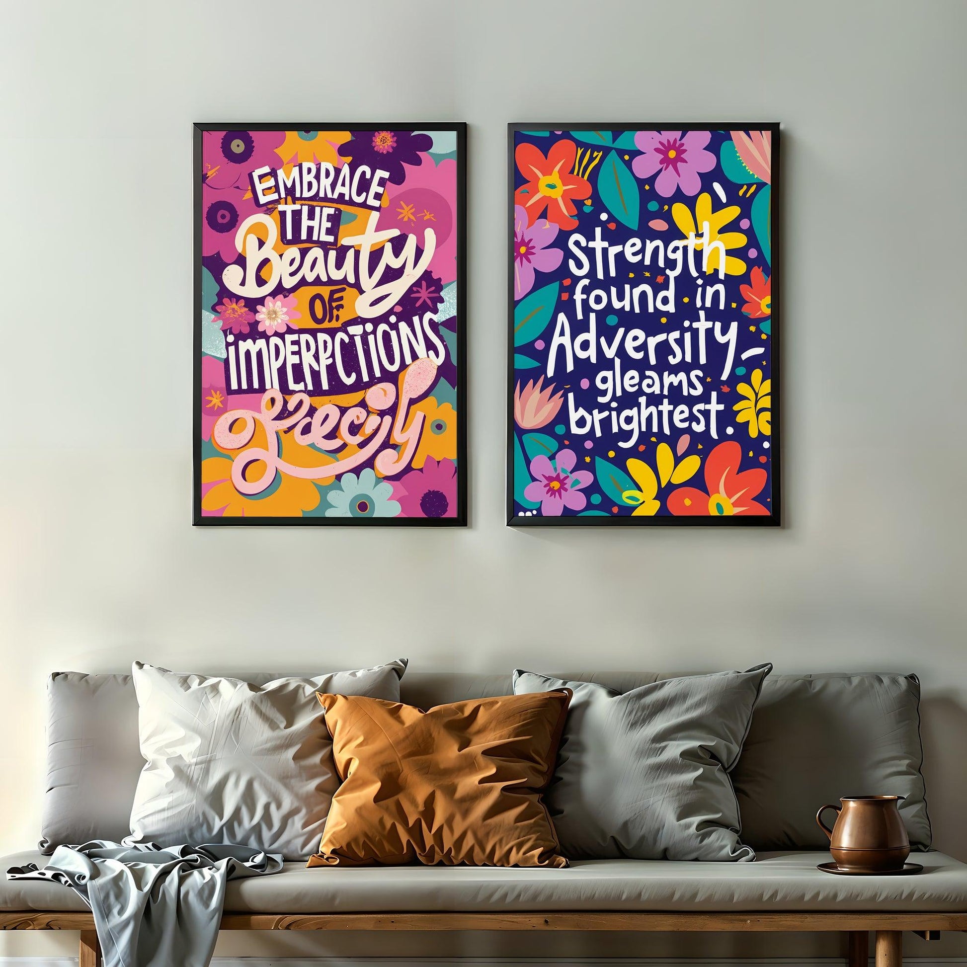 Floral Motivation | Set of 10 Uplifting Quote Posters | Pink & Purple Art | Digital Art | Home Decor | Digital Download | 60 x 90 cm (3:2 Ratio) - Arts To GloryFloral Motivation | Set of 10 Uplifting Quote Posters | Pink & Purple Art | Digital Art | Home Decor | Digital Download | 60 x 90 cm (3:2 Ratio)Textual NarrativesArts To GloryTwo-piece quote wall art set featuring floral patterns and empowering messages, ideal for living room decor. Left poster reads Embrace the beauty of imperfections, a