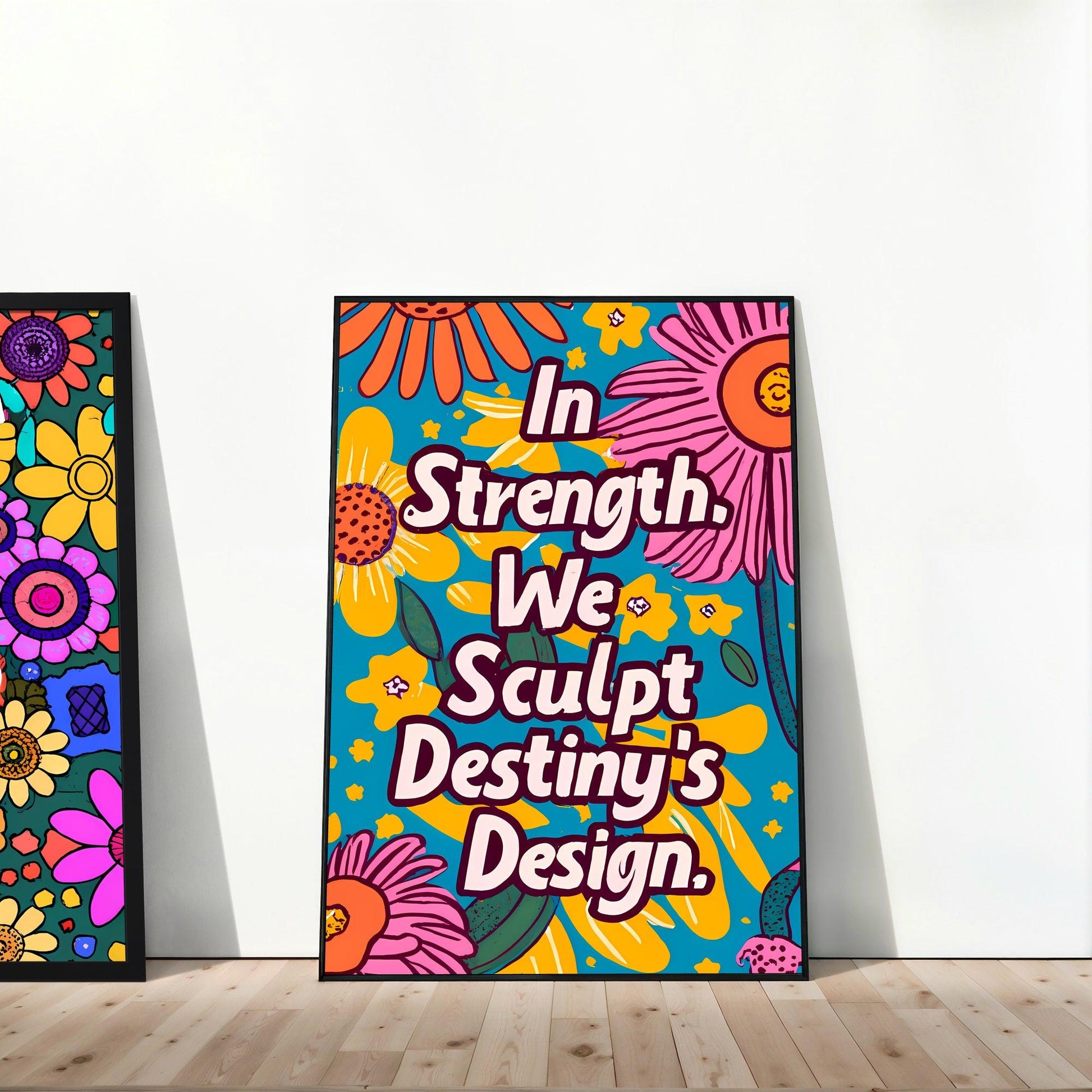 Floral Motivation | Set of 10 Uplifting Quote Posters | Pink & Purple Art | Digital Art | Home Decor | Digital Download | 60 x 90 cm (3:2 Ratio) - Arts To GloryFloral Motivation | Set of 10 Uplifting Quote Posters | Pink & Purple Art | Digital Art | Home Decor | Digital Download | 60 x 90 cm (3:2 Ratio)Textual NarrativesArts To GloryInspirational quote wall art with a bright floral backdrop featuring the empowering message In Strength We Sculpt Destiny's Design, presented in a room with wooden f