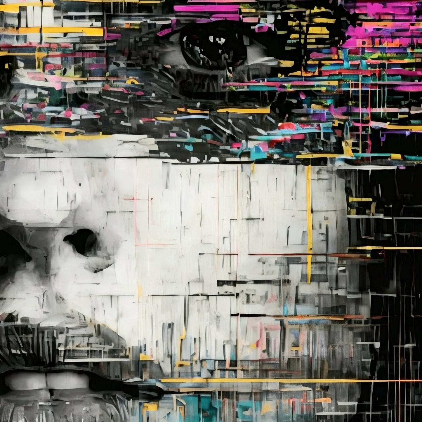 Glitch Portrait - Arts To GloryGlitch PortraitDigital Wall ArtArts To GloryClose - up of textured Bold Glitch Portrait with yellow, pink, and green glitches on a monochrome face, highlighting digital distortion by Arts To Glory.