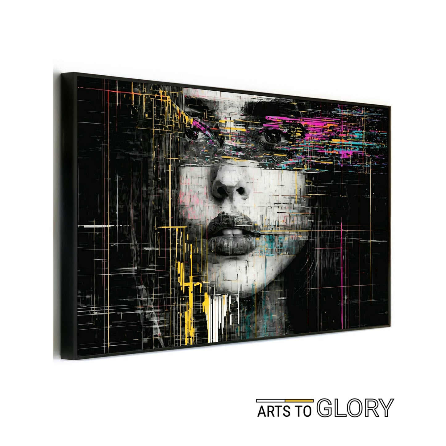 Glitch Portrait - Arts To GloryGlitch PortraitDigital Wall ArtArts To GloryMock - up of Bold Urban Glitch Portrait with vibrant yellow, pink, and green accents on a gritty monochrome face, framed with Arts To Glory branding.