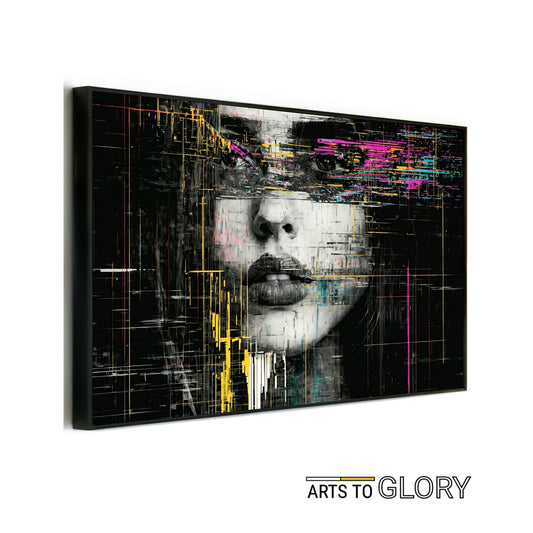 Glitch Portrait - Arts To GloryGlitch PortraitDigital Wall ArtArts To GloryMock - up of Bold Urban Glitch Portrait with vibrant yellow, pink, and green accents on a gritty monochrome face, framed with Arts To Glory branding.