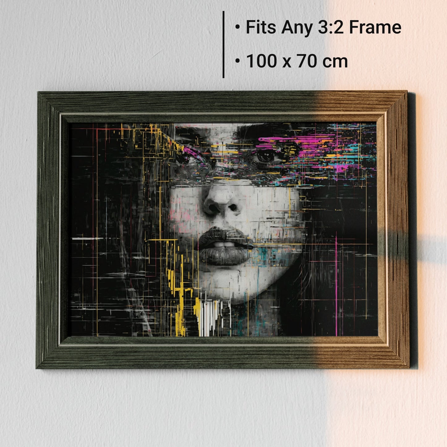 Glitch Portrait - Arts To GloryGlitch PortraitDigital Wall ArtArts To GloryDigital artwork of Bold Glitch Portrait in a rustic wooden frame, set against a pale wall with size guide overlay, branded by Arts To Glory.
