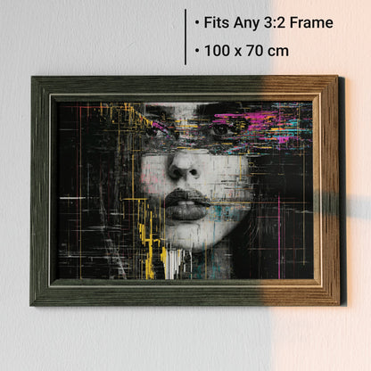 Glitch Portrait - Arts To GloryGlitch PortraitDigital Wall ArtArts To GloryDigital artwork of Bold Glitch Portrait in a rustic wooden frame, set against a pale wall with size guide overlay, branded by Arts To Glory.