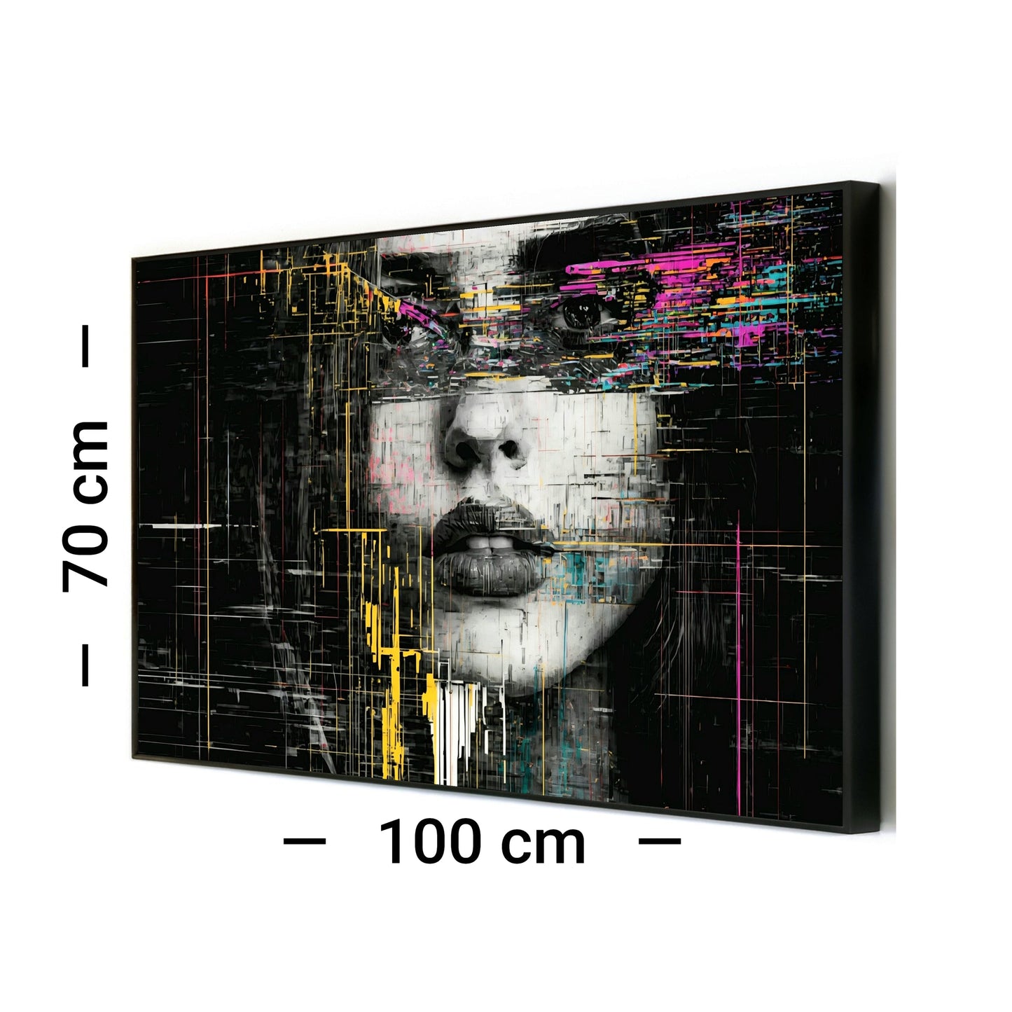 Glitch Portrait - Arts To GloryGlitch PortraitDigital Wall ArtArts To GloryAngled framed mock - up of Bold Glitch Portrait with 100 x 70 cm size labels, set against a white background for scale, by Arts To Glory.