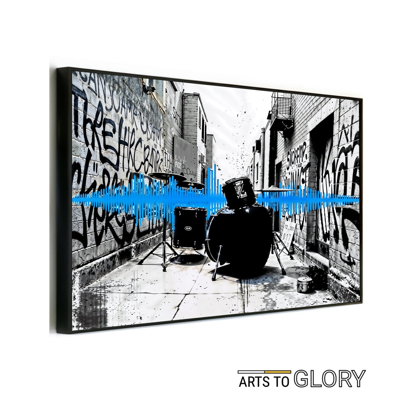 Graffiti Drum Kit - Arts To GloryGraffiti Drum KitDigital Wall ArtArts To GloryUrban digital artwork featuring a black drum kit with a vivid blue soundwave overlay in a graffiti - covered alley.