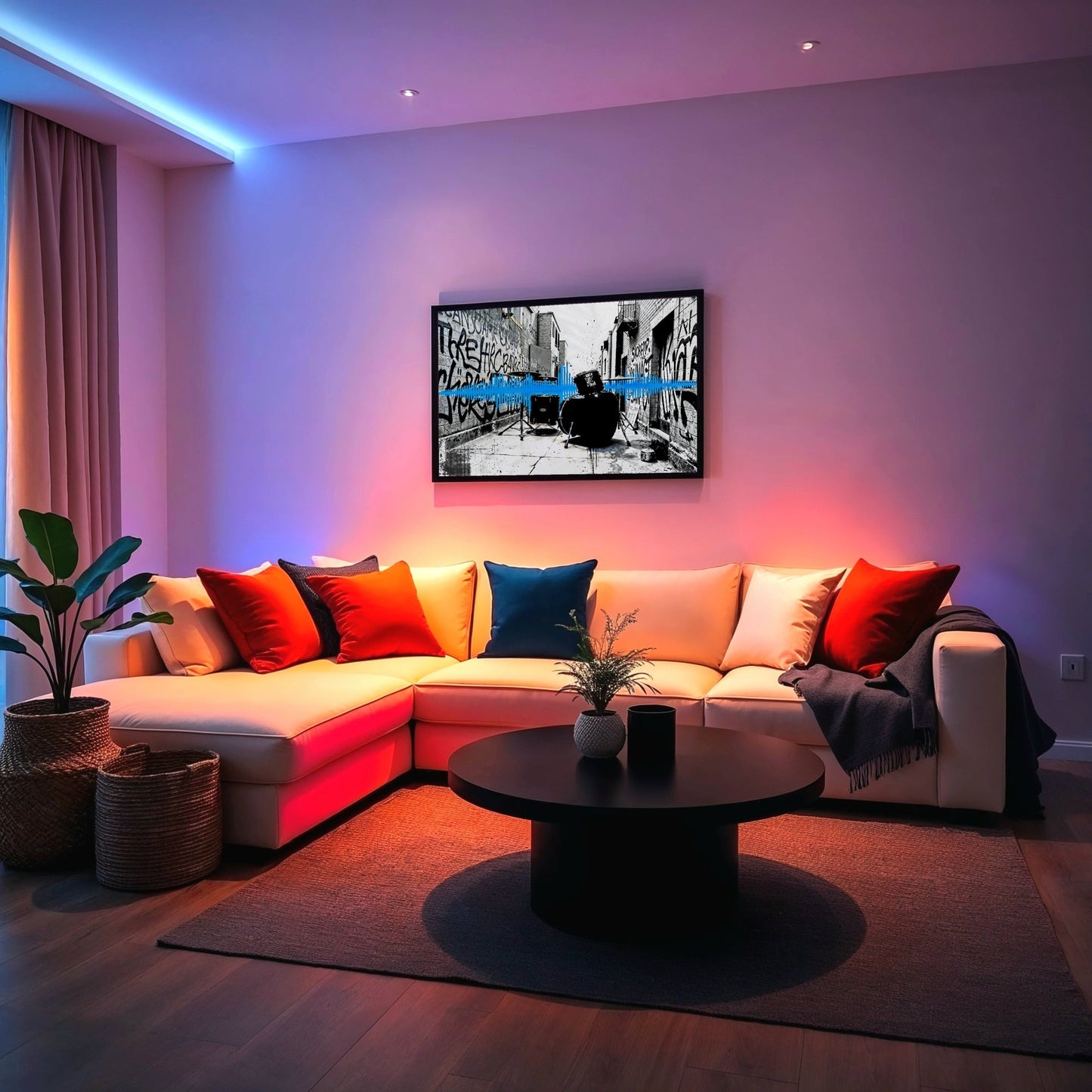 Graffiti Drum Kit - Arts To GloryGraffiti Drum KitDigital Wall ArtArts To GloryA contemporary living room with dramatic LED lighting, showcasing a framed drum kit and soundwave artwork against urban graffiti elements.