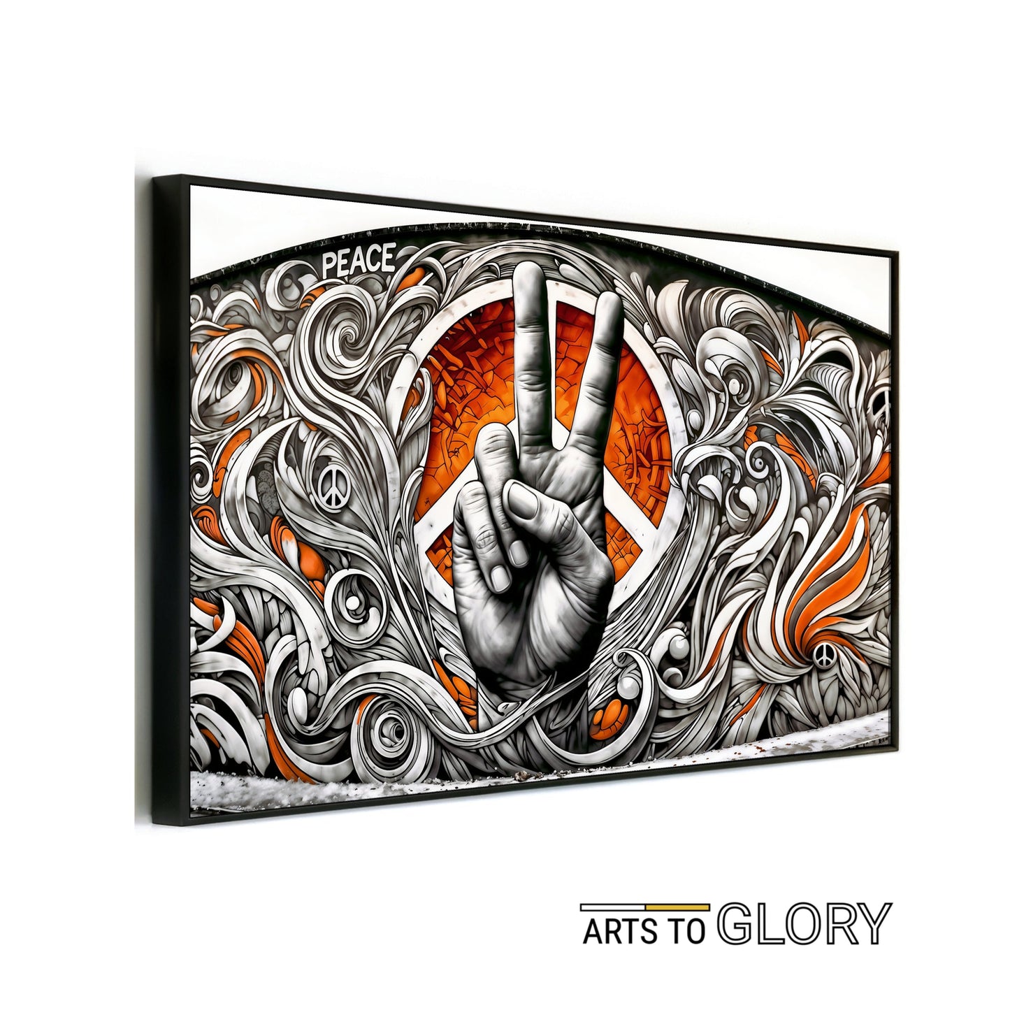 Graffiti Peace Symbol Scene - Digital Wall Art 100x70cm with Bold Orange Accents - Arts To GloryGraffiti Peace Symbol Scene - Digital Wall Art 100x70cm with Bold Orange AccentsOrangeArts To GloryGraffiti - style peace symbol hand gesture with bold orange accents, perfect for urban interiors. 100x70cm.