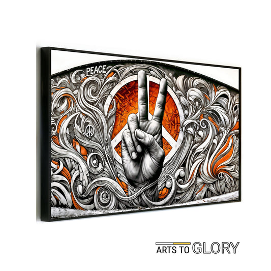 Graffiti Peace Symbol Scene - Digital Wall Art 100x70cm with Bold Orange Accents - Arts To GloryGraffiti Peace Symbol Scene - Digital Wall Art 100x70cm with Bold Orange AccentsOrangeArts To GloryGraffiti - style peace symbol hand gesture with bold orange accents, perfect for urban interiors. 100x70cm.