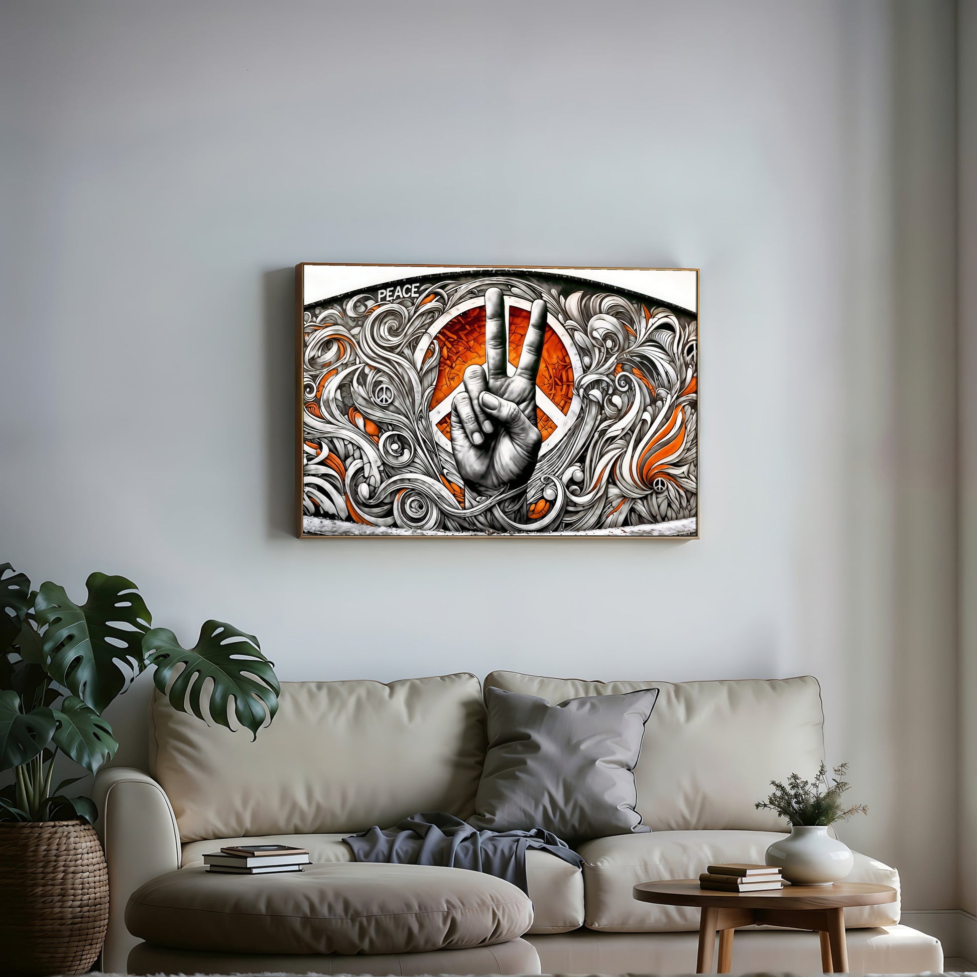 Graffiti Peace Symbol Scene - Digital Wall Art 100x70cm with Bold Orange Accents - Arts To GloryGraffiti Peace Symbol Scene - Digital Wall Art 100x70cm with Bold Orange AccentsOrangeArts To GloryVivid orange highlights on a graffiti peace symbol with swirling details. Urban digital art for modern décor, 100x70cm.