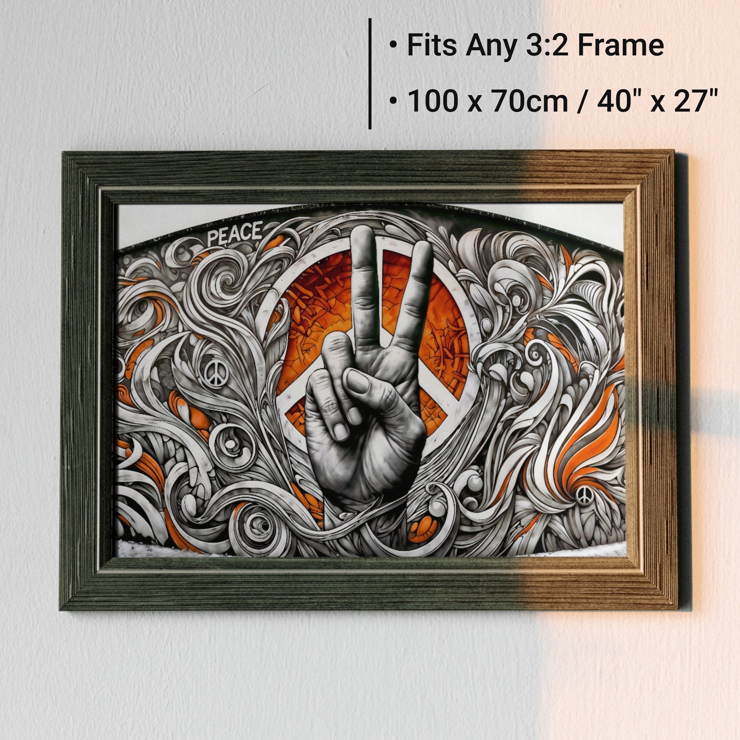 Graffiti Peace Symbol Scene - Digital Wall Art 100x70cm with Bold Orange Accents - Arts To GloryGraffiti Peace Symbol Scene - Digital Wall Art 100x70cm with Bold Orange AccentsOrangeArts To GloryDynamic graffiti patterns and bold peace symbol, urban art with orange accents, 100x70cm.