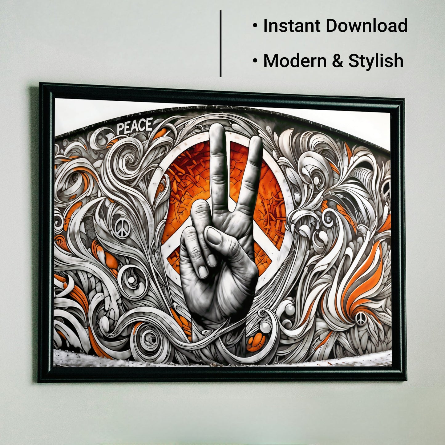 Graffiti Peace Symbol Scene - Digital Wall Art 100x70cm with Bold Orange Accents - Arts To GloryGraffiti Peace Symbol Scene - Digital Wall Art 100x70cm with Bold Orange AccentsOrangeArts To GloryUrban street art with graffiti peace symbol and bold orange accents, 100x70cm.