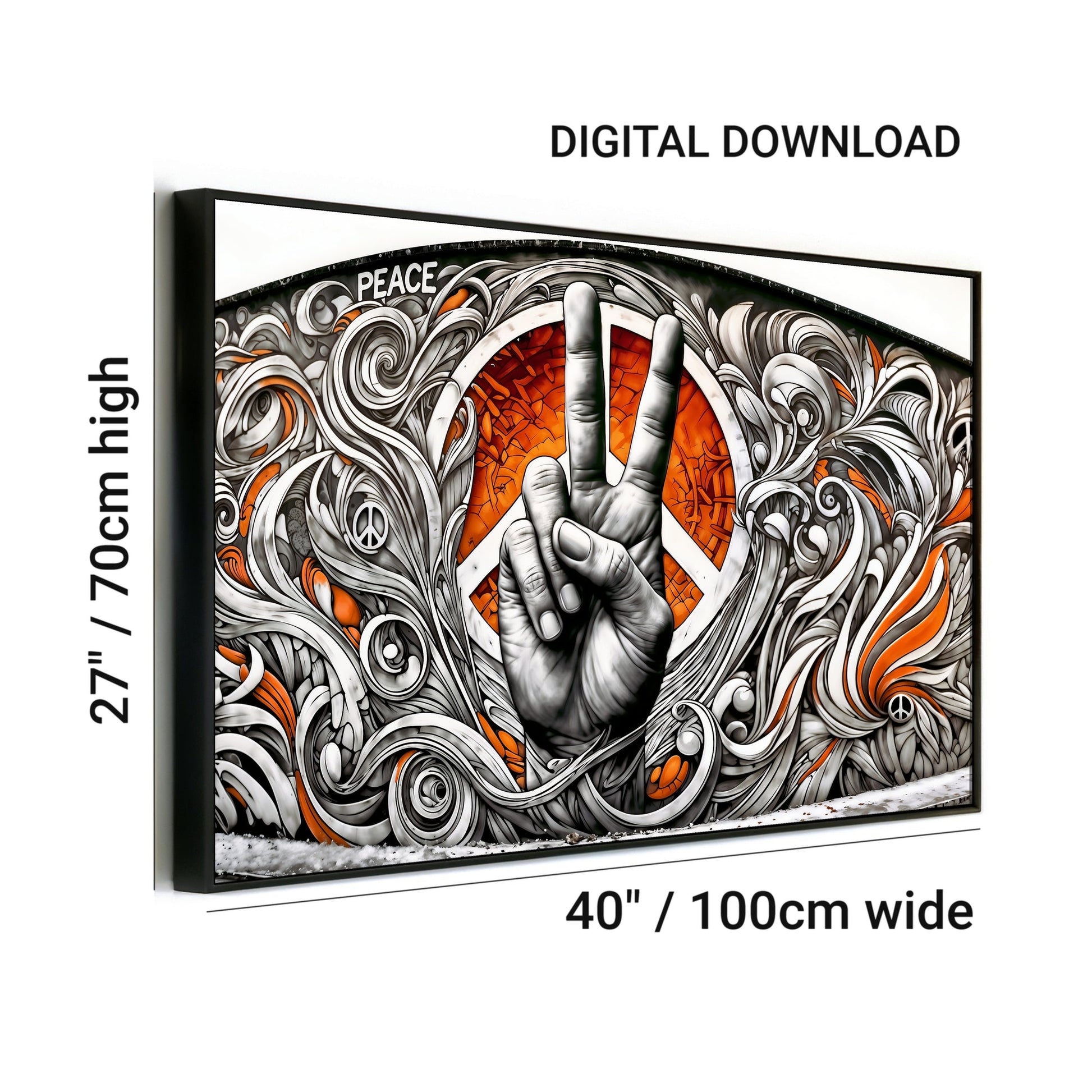 Graffiti Peace Symbol Scene - Digital Wall Art 100x70cm with Bold Orange Accents - Arts To GloryGraffiti Peace Symbol Scene - Digital Wall Art 100x70cm with Bold Orange AccentsOrangeArts To GloryUrban wall art featuring a hand peace symbol with bold orange accents and graffiti patterns, 100x70cm.