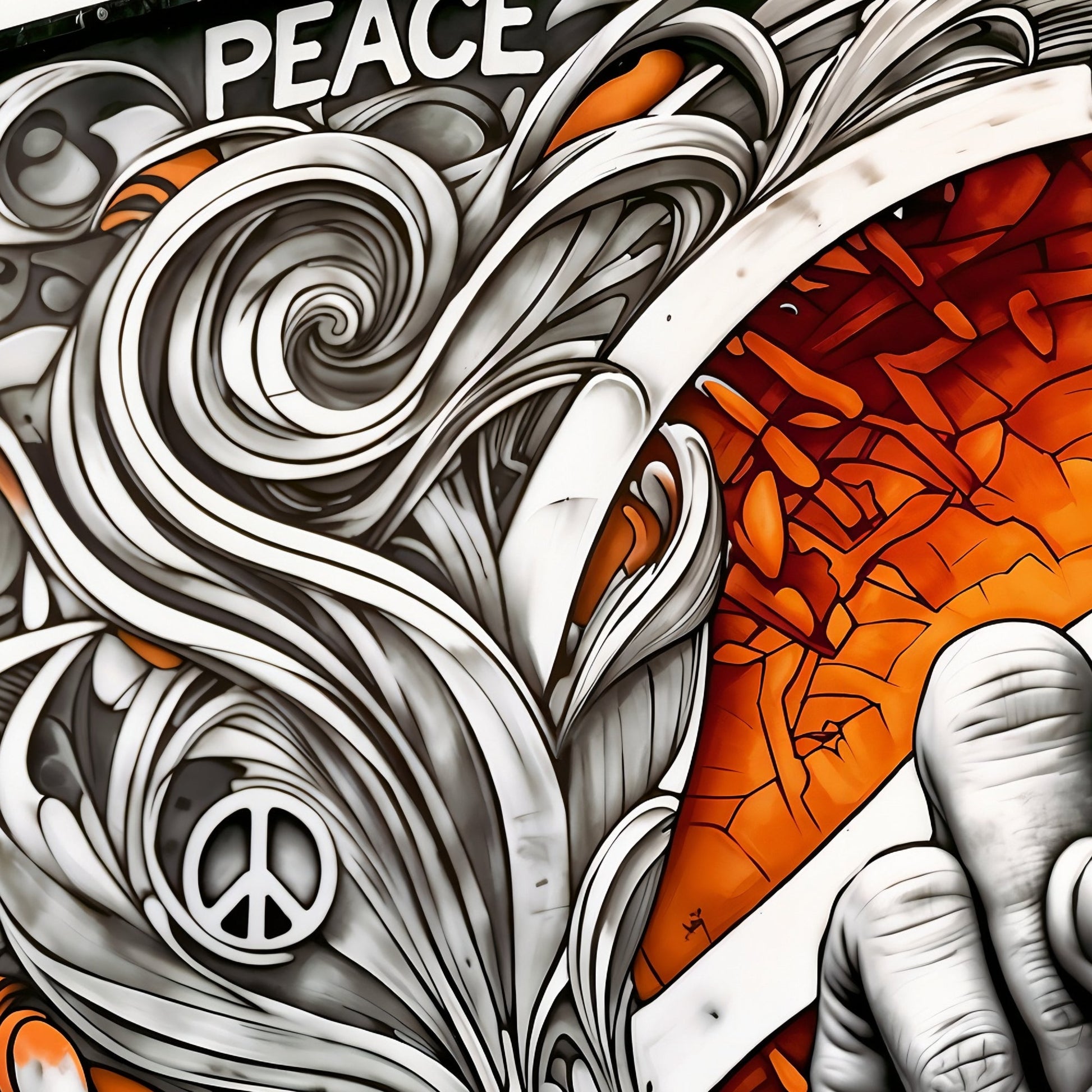 Graffiti Peace Symbol Scene - Digital Wall Art 100x70cm with Bold Orange Accents - Arts To GloryGraffiti Peace Symbol Scene - Digital Wall Art 100x70cm with Bold Orange AccentsOrangeArts To GloryClose - up of graffiti art peace symbol with orange highlights, 100x70cm.