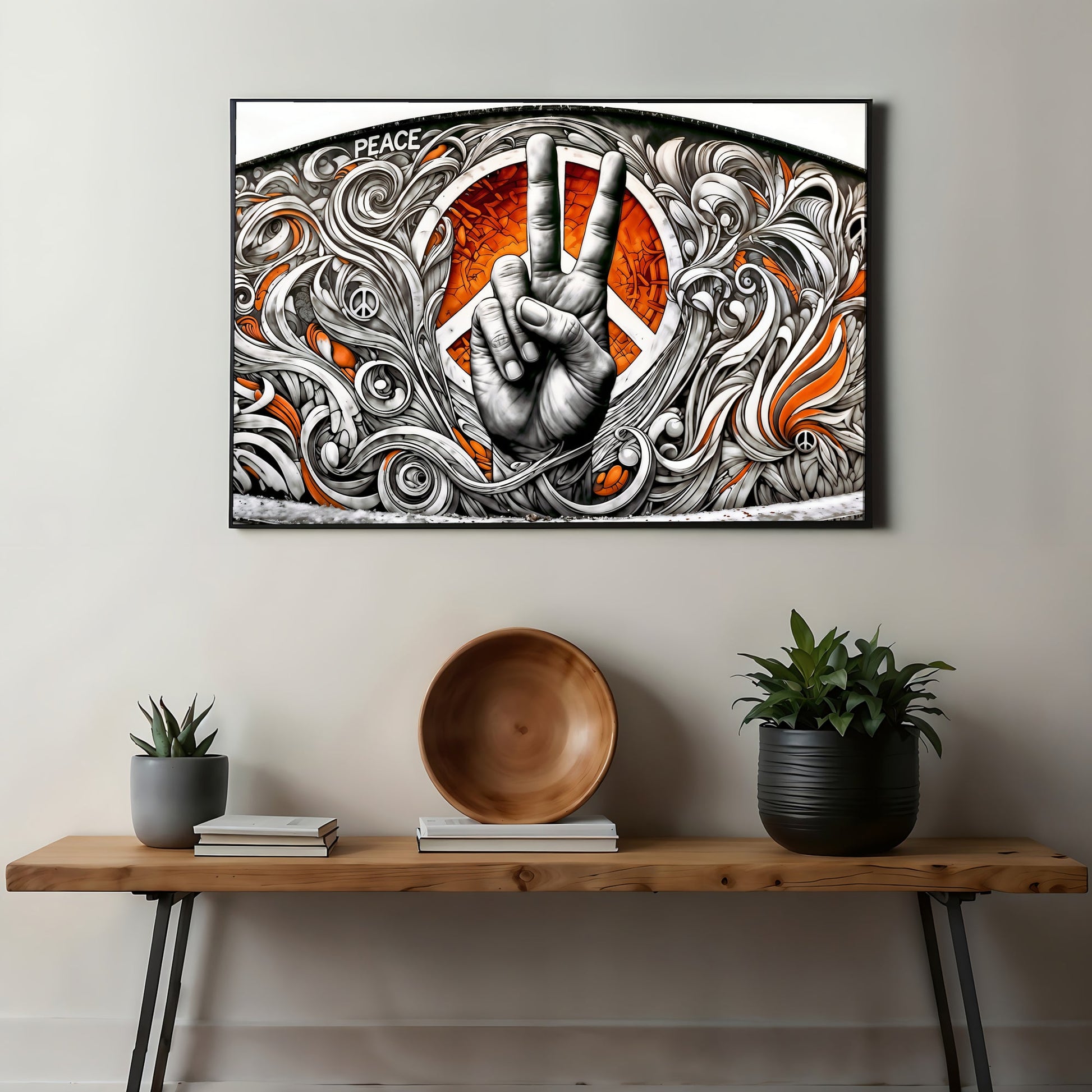 Graffiti Peace Symbol Scene - Digital Wall Art 100x70cm with Bold Orange Accents - Arts To GloryGraffiti Peace Symbol Scene - Digital Wall Art 100x70cm with Bold Orange AccentsOrangeArts To GloryPeace hand gesture in graffiti style with vivid orange details, designed for modern urban interiors, 100x70cm.