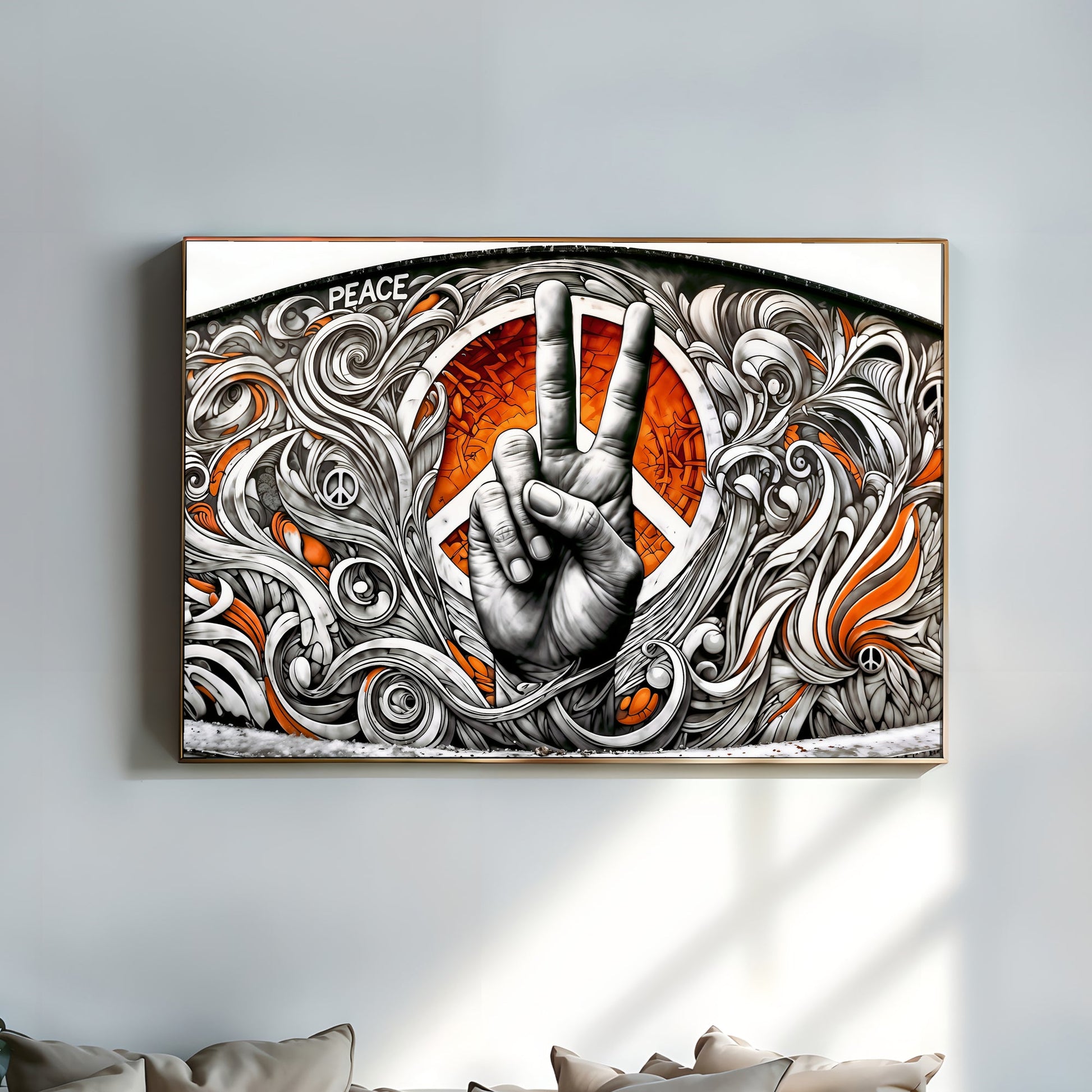 Graffiti Peace Symbol Scene - Digital Wall Art 100x70cm with Bold Orange Accents - Arts To GloryGraffiti Peace Symbol Scene - Digital Wall Art 100x70cm with Bold Orange AccentsOrangeArts To GloryPeace hand gesture in a graffiti - style artwork with vibrant orange, 100x70cm.