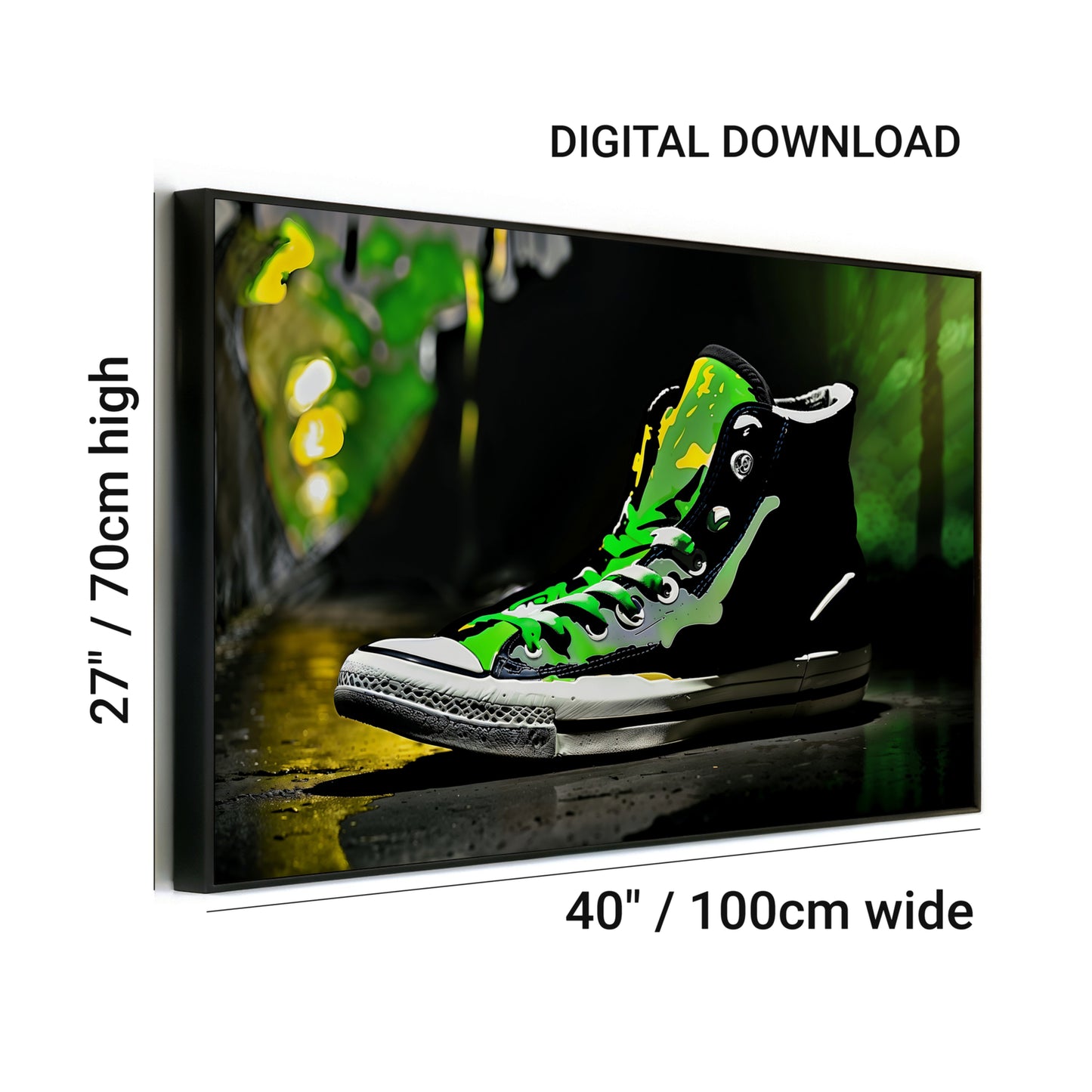 Urban Green High-Top Pump | Vibrant Streetwear Inspired Wall Art | Energetic Green Laces | Dramatic Contrast Footwear Illustration | Digital Download | Home Decor | 100 x 70 cm - Arts To GloryUrban Green High-Top Pump | Vibrant Streetwear Inspired Wall Art | Energetic Green Laces | Dramatic Contrast Footwear Illustration | Digital Download | Home Decor | 100 x 70 cmColourful ExpressionsArts To GloryVivid green high-top sneaker canvas art from Arts To Glory, showcasing dynamic urban style.