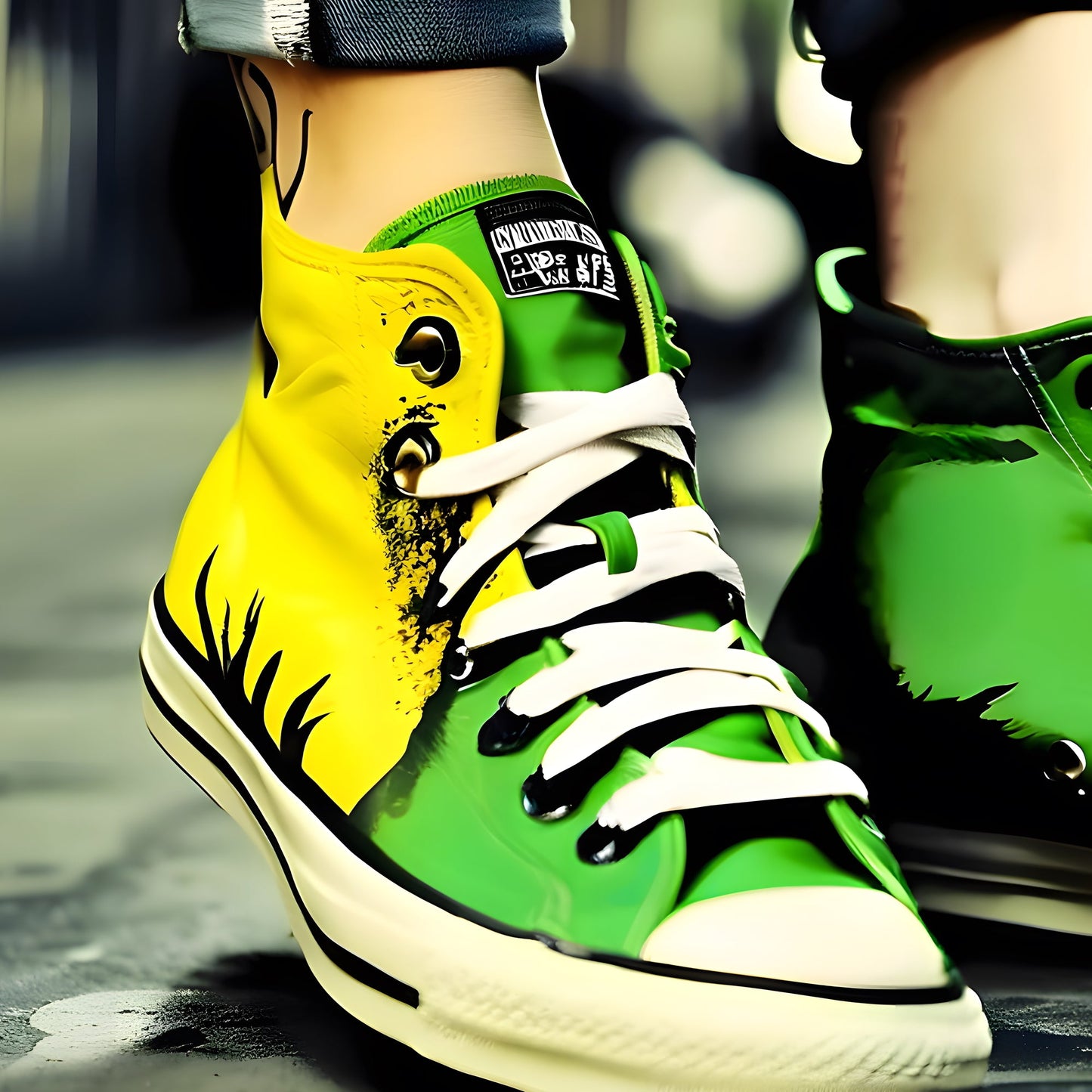 Green and Yellow Trainers with Jeans | Woman Showcasing Striking Pumps with Ankle Tattoo | Vibrant Urban Fashion Close-Up | Digital Art | Home Decor | Digital Download | 100 x 70 cm - Arts To GloryGreen and Yellow Trainers with Jeans | Woman Showcasing Striking Pumps with Ankle Tattoo | Vibrant Urban Fashion Close-Up | Digital Art | Home Decor | Digital Download | 100 x 70 cmColourful ExpressionsArts To GloryClose-up view of female pumps in yellow and green with a stylish ankle tattoo, capturing