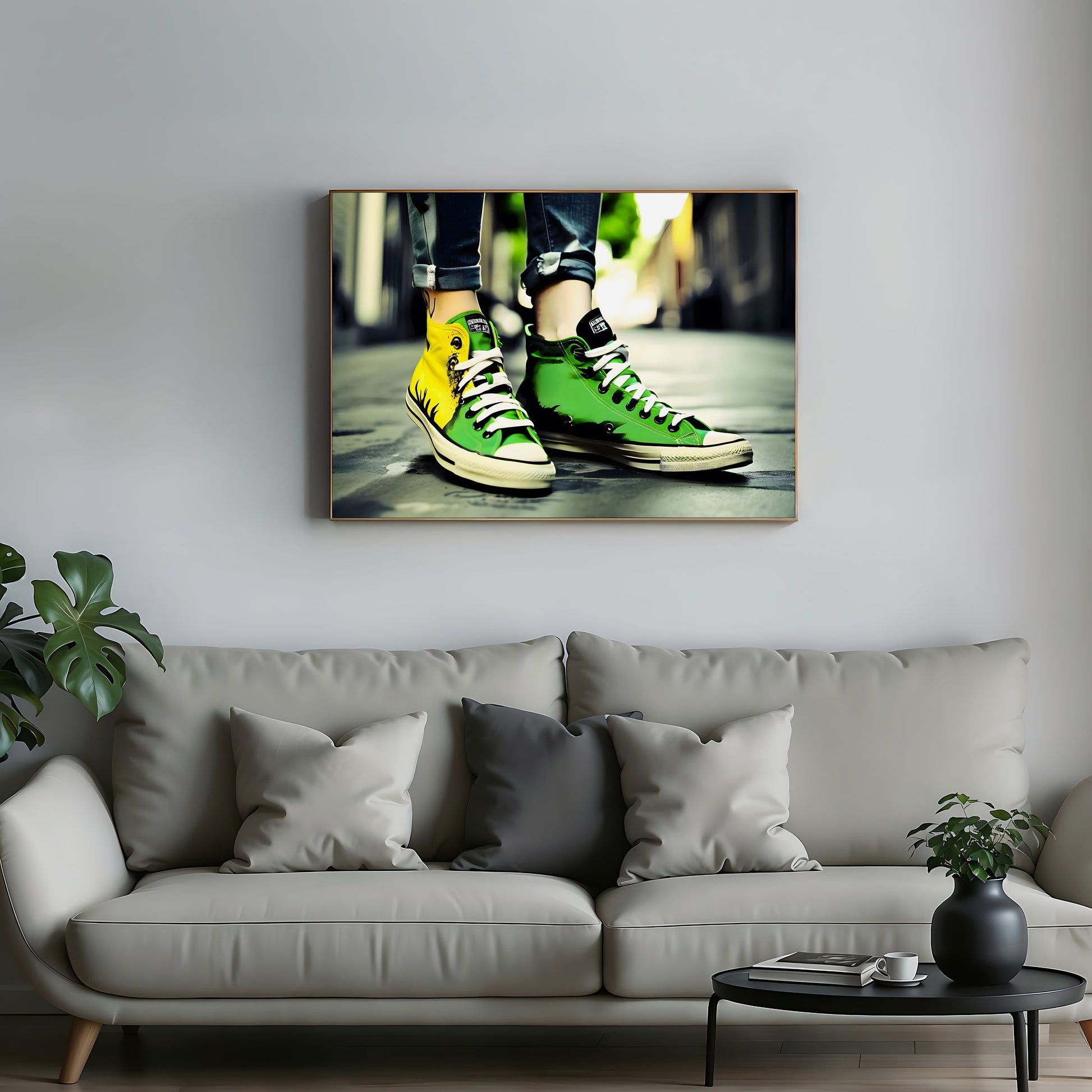 Green and Yellow Trainers with Jeans | Woman Showcasing Striking Pumps with Ankle Tattoo | Vibrant Urban Fashion Close-Up | Digital Art | Home Decor | Digital Download | 100 x 70 cm - Arts To GloryGreen and Yellow Trainers with Jeans | Woman Showcasing Striking Pumps with Ankle Tattoo | Vibrant Urban Fashion Close-Up | Digital Art | Home Decor | Digital Download | 100 x 70 cmColourful ExpressionsArts To GloryModern home decor featuring digital wall art of green and yellow female pumps and jeans,