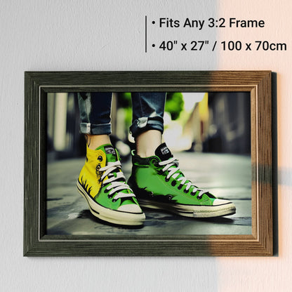 Green and Yellow Trainers with Jeans | Woman Showcasing Striking Pumps with Ankle Tattoo | Vibrant Urban Fashion Close-Up | Digital Art | Home Decor | Digital Download | 100 x 70 cm - Arts To GloryGreen and Yellow Trainers with Jeans | Woman Showcasing Striking Pumps with Ankle Tattoo | Vibrant Urban Fashion Close-Up | Digital Art | Home Decor | Digital Download | 100 x 70 cmColourful ExpressionsArts To GloryStylish digital wall art of green and yellow trainers, compatible with any 3:2 frame, di