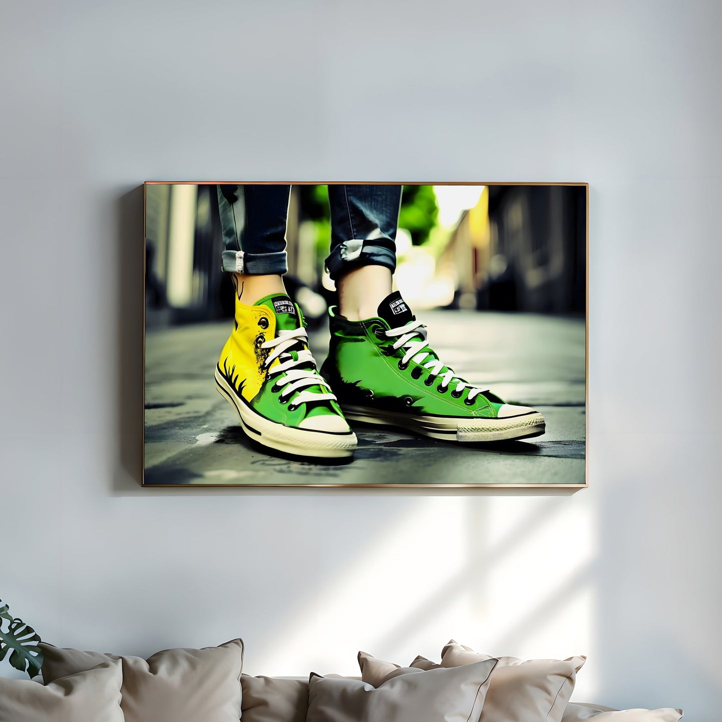 Green and Yellow Trainers with Jeans | Woman Showcasing Striking Pumps with Ankle Tattoo | Vibrant Urban Fashion Close-Up | Digital Art | Home Decor | Digital Download | 100 x 70 cm - Arts To GloryGreen and Yellow Trainers with Jeans | Woman Showcasing Striking Pumps with Ankle Tattoo | Vibrant Urban Fashion Close-Up | Digital Art | Home Decor | Digital Download | 100 x 70 cmColourful ExpressionsArts To GloryStylish urban wall art of female pumps and jeans with green and yellow trainers, display