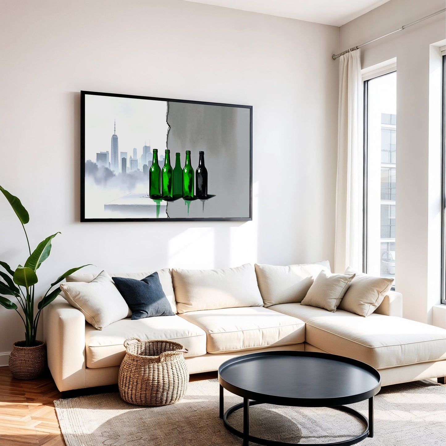 Green Bottles Urban Art - Arts To GloryGreen Bottles Urban ArtDigital Wall ArtArts To GloryUrban digital wall art of green bottles displayed in a contemporary living room, combining gritty textures with vibrant green accents, 100x70cm.