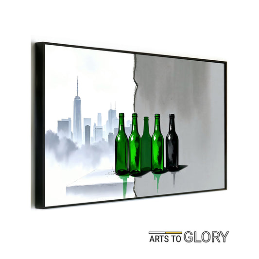 Green Bottles Urban Art - Arts To GloryGreen Bottles Urban ArtDigital Wall ArtArts To GloryDigital artwork featuring green bottles aligned against a cracked concrete wall with a muted cityscape backdrop, 100x70cm.