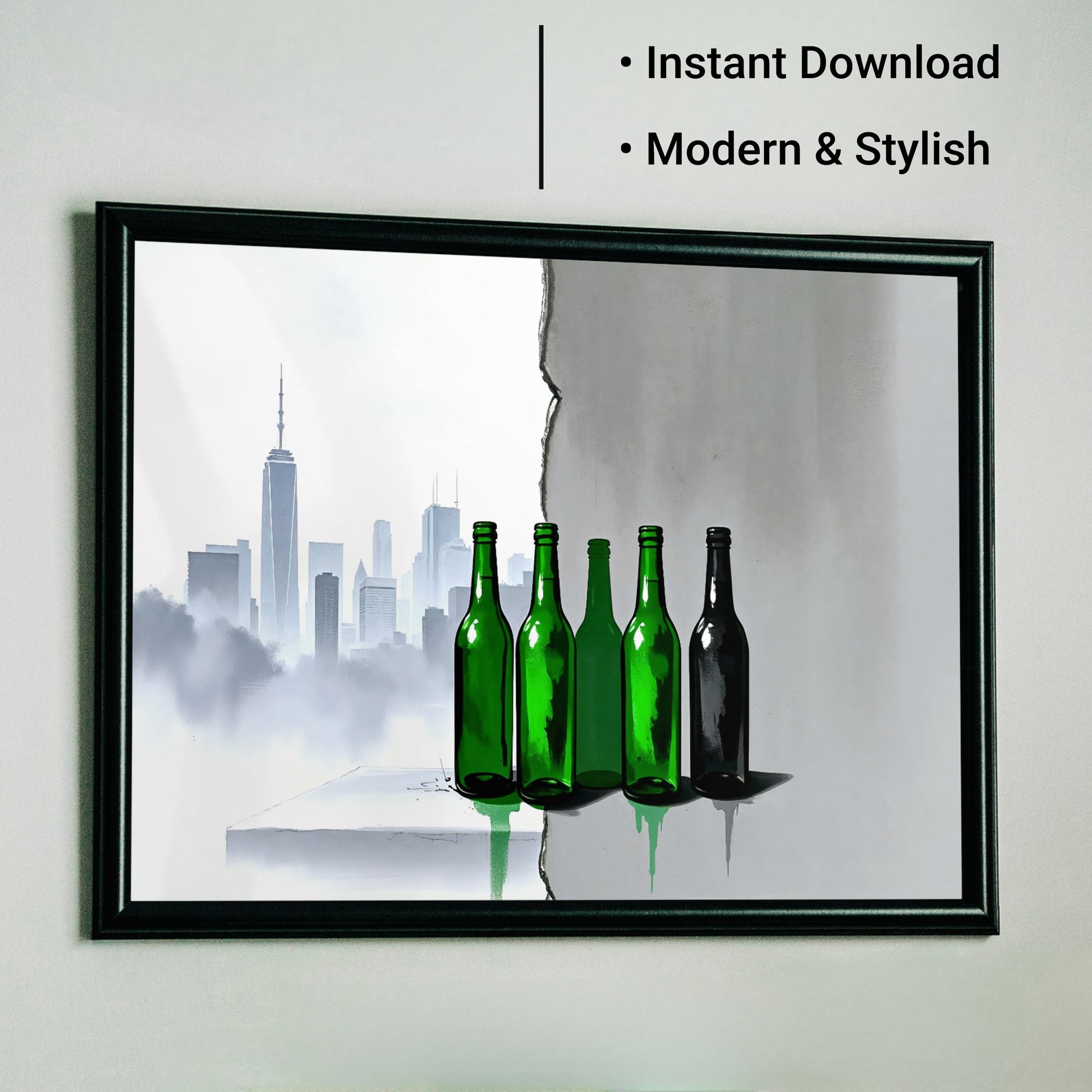 Green Bottles Urban Art - Arts To GloryGreen Bottles Urban ArtDigital Wall ArtArts To GloryPrintable artwork of green bottles set against urban textures and a cracked wall, creating a bold and modern aesthetic, 100x70cm.