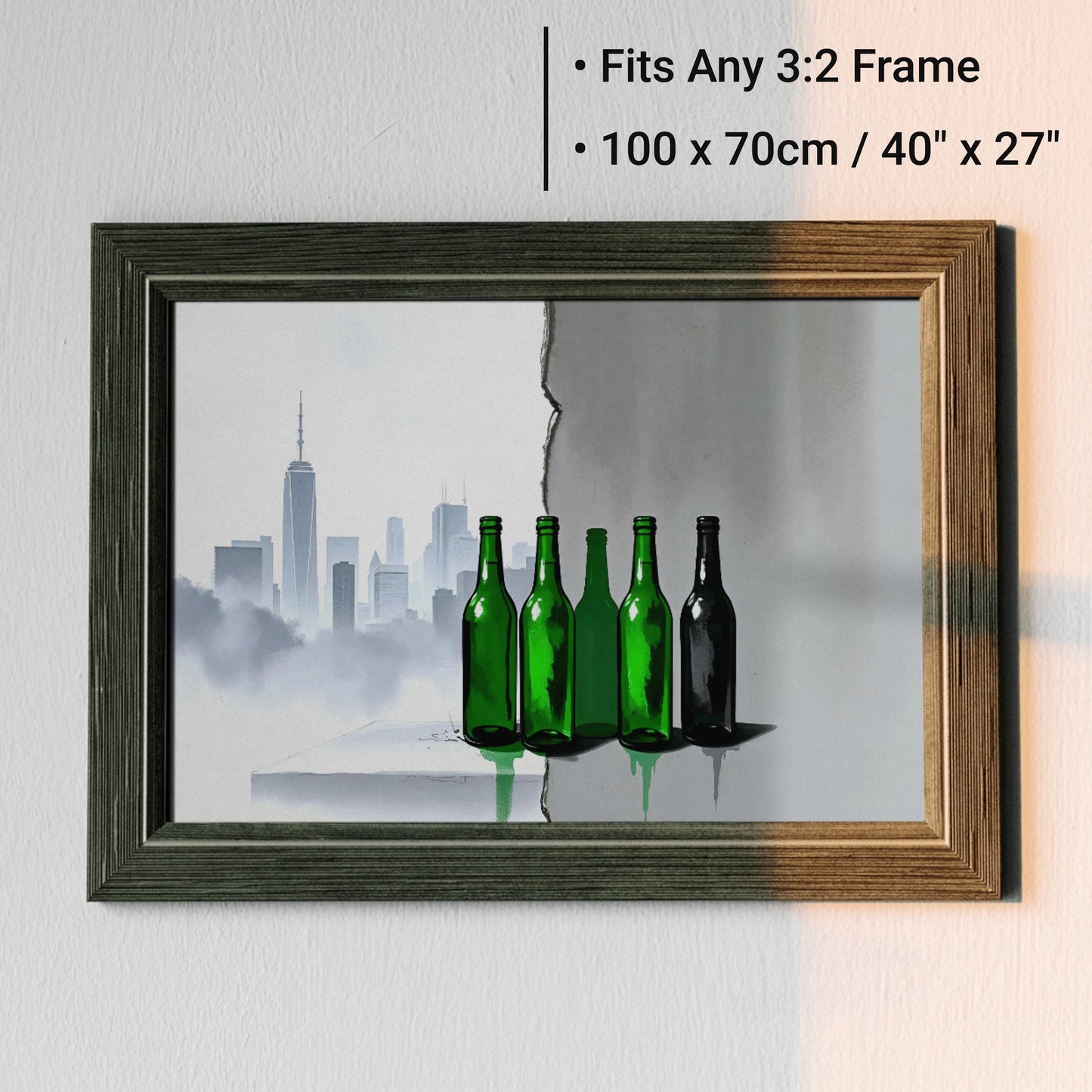 Green Bottles Urban Art - Arts To GloryGreen Bottles Urban ArtDigital Wall ArtArts To GloryDigital urban wall art featuring green bottles on a cracked wall with a hazy cityscape backdrop, perfect for industrial interiors, 100x70cm.