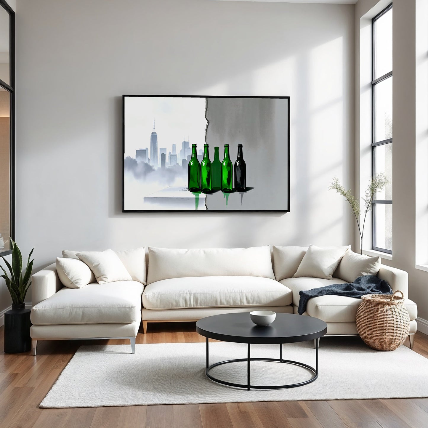 Green Bottles Urban Art - Arts To GloryGreen Bottles Urban ArtDigital Wall ArtArts To GloryUrban wall art showcasing green bottles against a cracked wall in a modern, contemporary living space with natural light, 100x70cm.