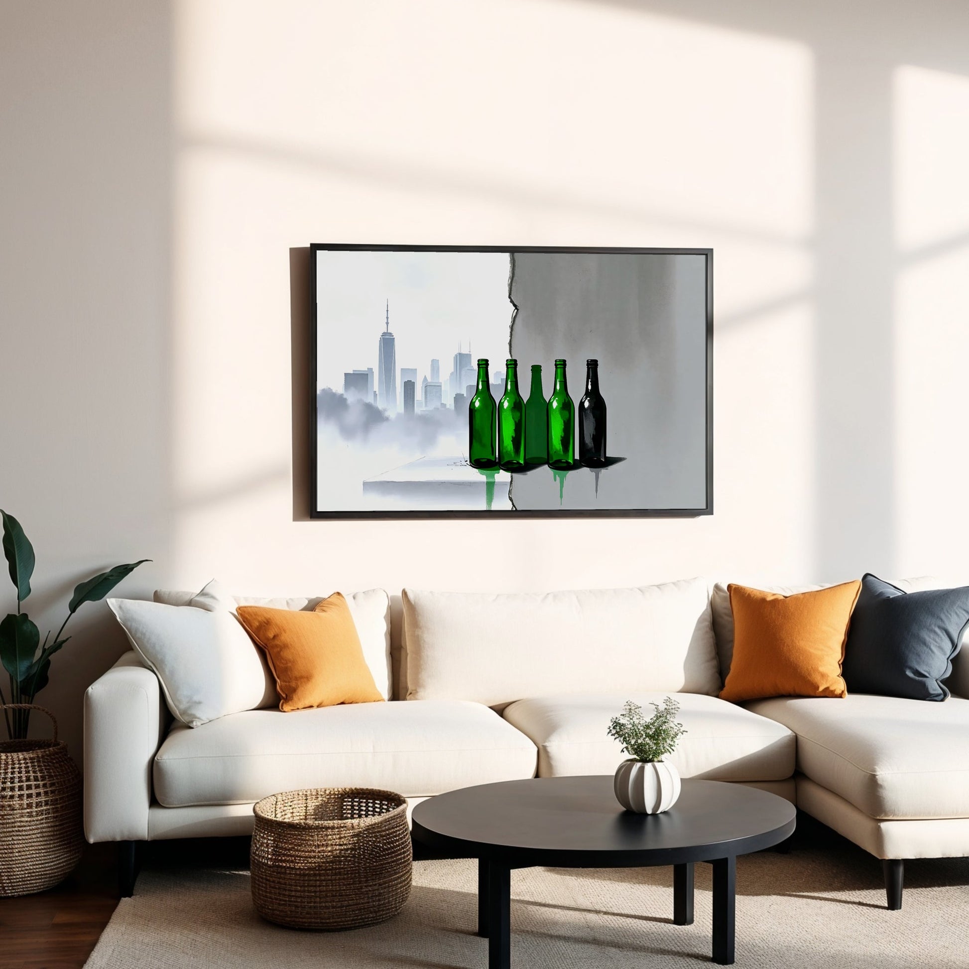 Green Bottles Urban Art - Arts To GloryGreen Bottles Urban ArtDigital Wall ArtArts To GloryGreen bottle artwork in a wooden frame displayed in a minimalist living space, featuring a cracked urban wall and muted tones, 100x70cm.