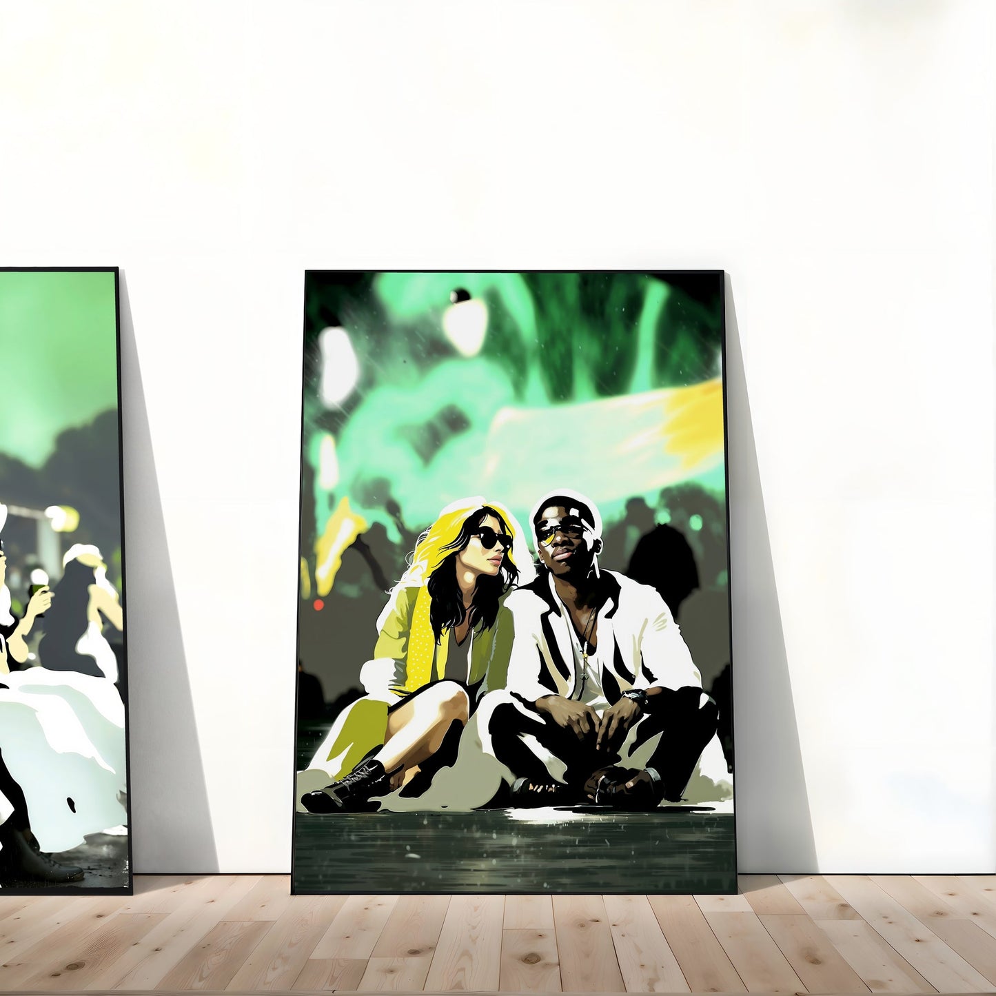 Green Festival Vibes Art Set | Friends and Couple at Music Festival | Modern Wall Art | 2 Pieces | Digital Download | 61 x 91 cm (24 x 36 inches) - Arts To GloryGreen Festival Vibes Art Set | Friends and Couple at Music Festival | Modern Wall Art | 2 Pieces | Digital Download | 61 x 91 cm (24 x 36 inches)Colourful ExpressionsArts To GloryModern wall art featuring a couple sitting at a music festival with vibrant green hues, displayed leaning against a white wall on a wooden floor.