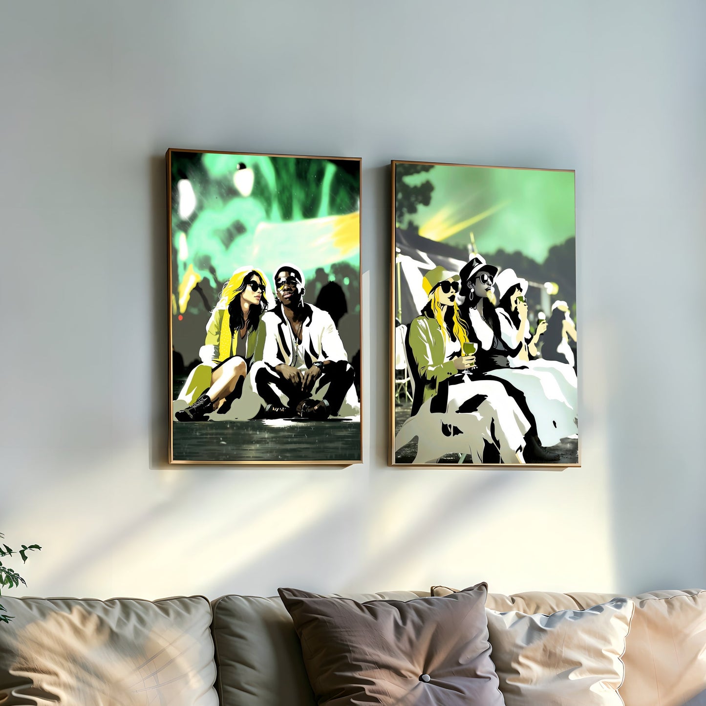 Green Festival Vibes Art Set | Friends and Couple at Music Festival | Modern Wall Art | 2 Pieces | Digital Download | 61 x 91 cm (24 x 36 inches) - Arts To GloryGreen Festival Vibes Art Set | Friends and Couple at Music Festival | Modern Wall Art | 2 Pieces | Digital Download | 61 x 91 cm (24 x 36 inches)Colourful ExpressionsArts To GloryModern wall art set of two vertical pieces featuring friends and a couple at a music festival with vibrant green hues, displayed above a sofa in a contemporary 