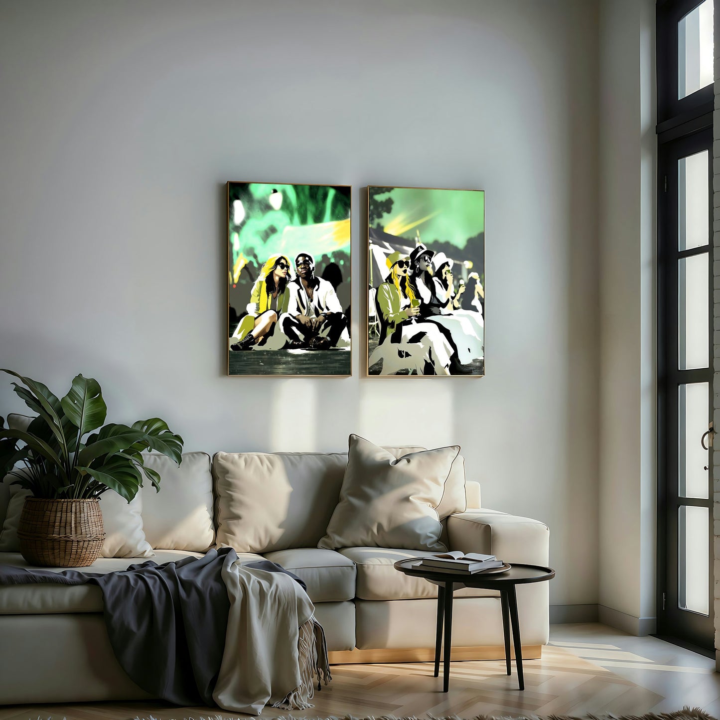 Green Festival Vibes Art Set | Friends and Couple at Music Festival | Modern Wall Art | 2 Pieces | Digital Download | 61 x 91 cm (24 x 36 inches) - Arts To GloryGreen Festival Vibes Art Set | Friends and Couple at Music Festival | Modern Wall Art | 2 Pieces | Digital Download | 61 x 91 cm (24 x 36 inches)Colourful ExpressionsArts To GloryModern wall art set of two vertical pieces featuring friends and a couple at a music festival with vibrant green hues, displayed in a stylish living room above 