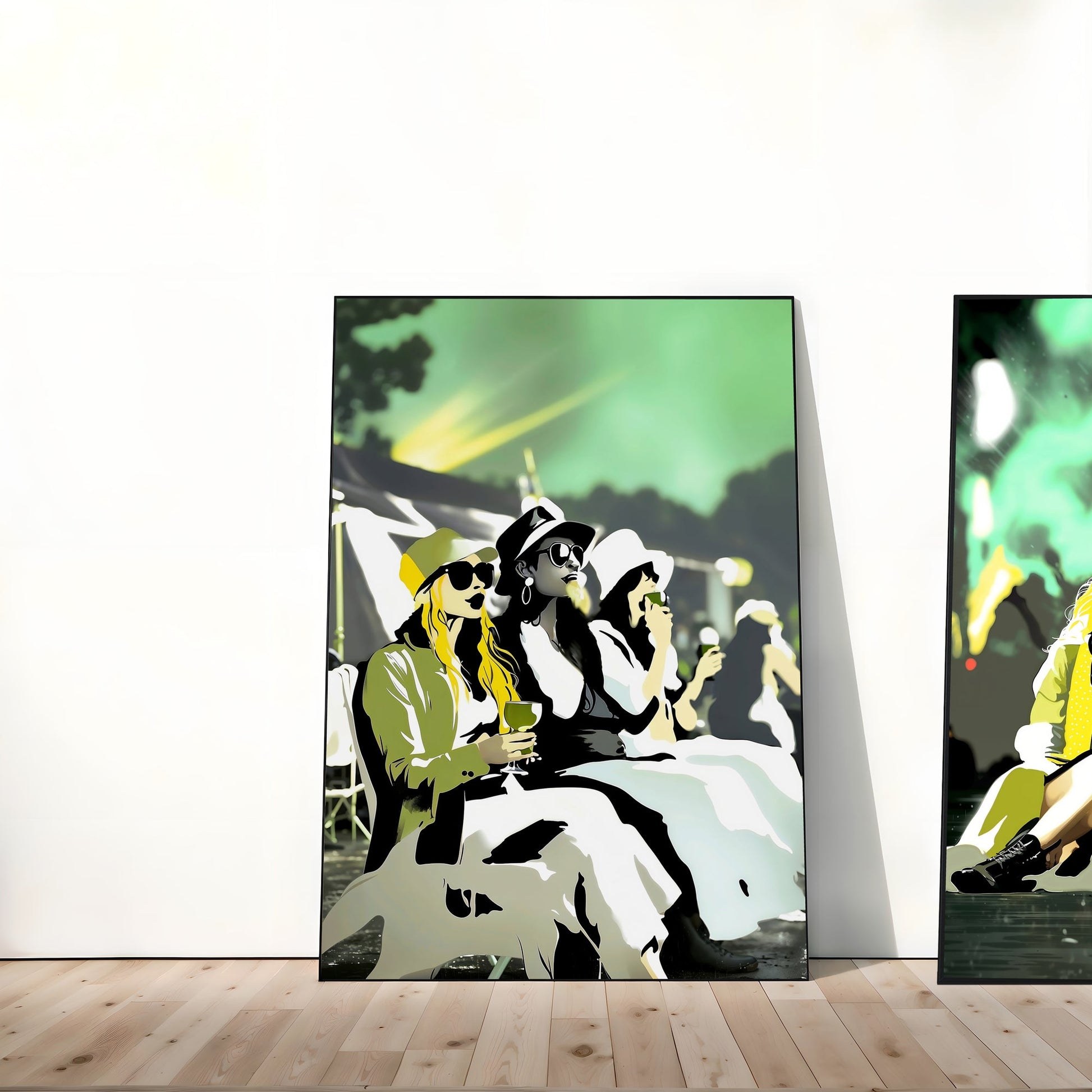 Green Festival Vibes Art Set | Friends and Couple at Music Festival | Modern Wall Art | 2 Pieces | Digital Download | 61 x 91 cm (24 x 36 inches) - Arts To GloryGreen Festival Vibes Art Set | Friends and Couple at Music Festival | Modern Wall Art | 2 Pieces | Digital Download | 61 x 91 cm (24 x 36 inches)Colourful ExpressionsArts To GloryModern wall art set of two vertical pieces featuring friends and a couple at a music festival with vibrant green hues, displayed leaning against a white wall on