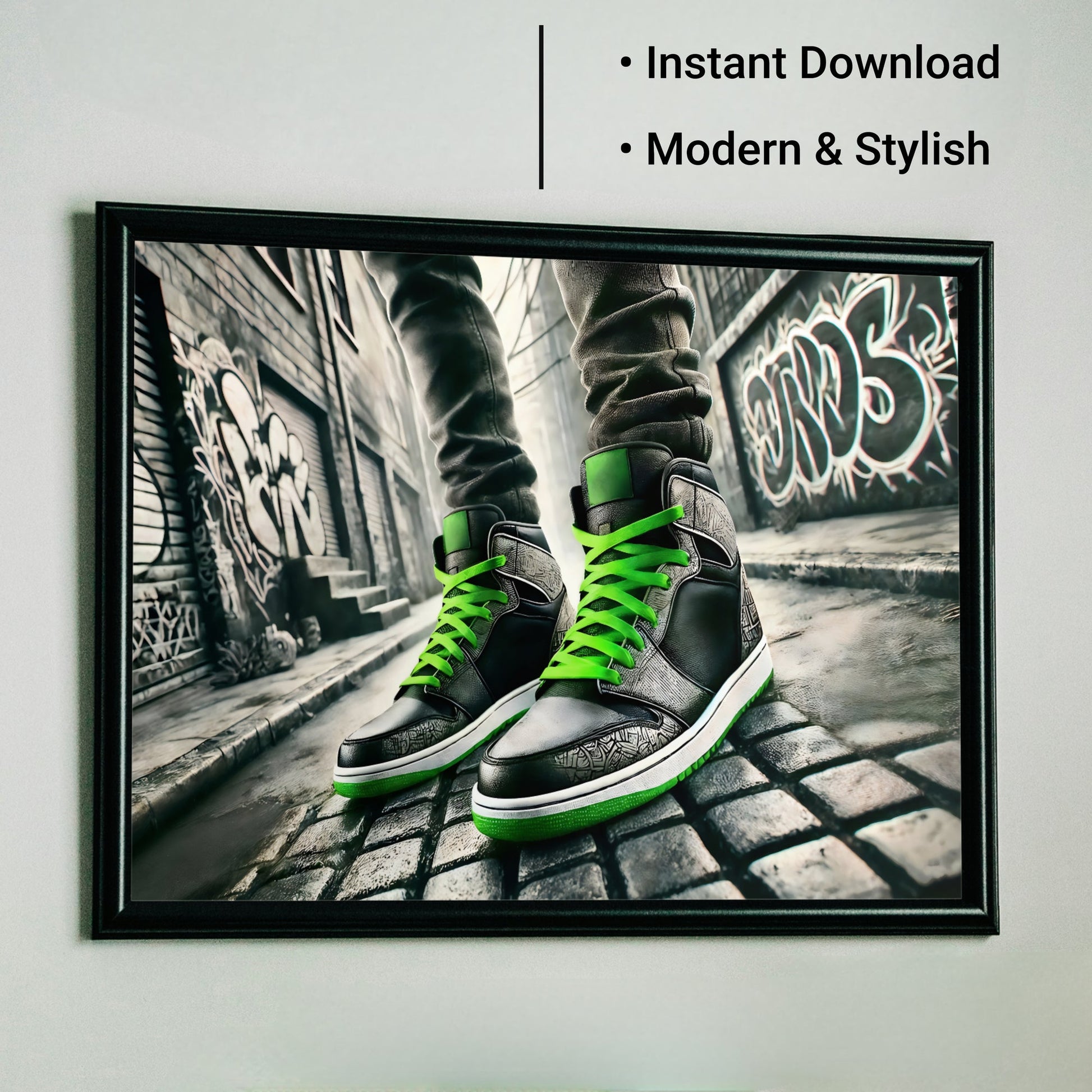 Green - Laced Trainers - Arts To GloryGreen - Laced TrainersDigital Wall ArtArts To GloryGreen - laced trainers against a gritty urban alleyway, 100x70cm artwork.