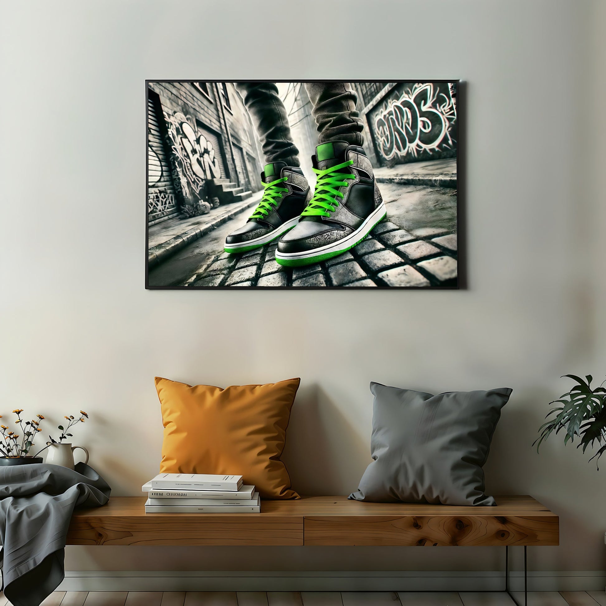 Green - Laced Trainers - Arts To GloryGreen - Laced TrainersDigital Wall ArtArts To GloryBold street - style art featuring trainers with green laces, 100x70cm digital artwork.