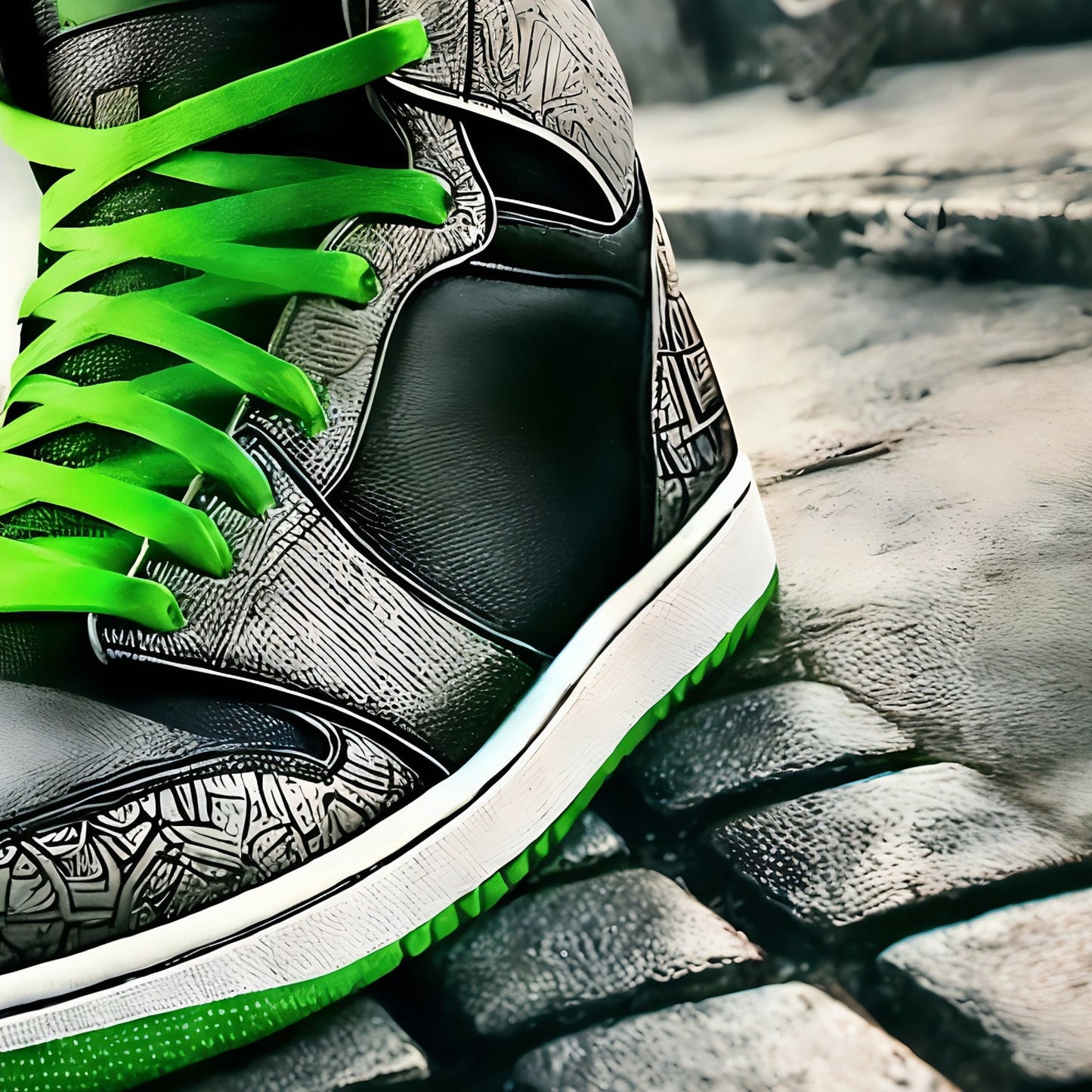 Green - Laced Trainers - Arts To GloryGreen - Laced TrainersDigital Wall ArtArts To GloryDigital art of green - laced trainers in an urban street setting, highlighting bold style and contrast.