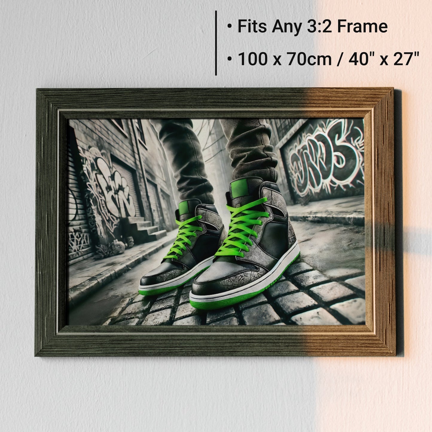 Green - Laced Trainers - Arts To GloryGreen - Laced TrainersDigital Wall ArtArts To GloryEdgy artwork of green - laced trainers set against a monochrome urban backdrop, 100x70cm.