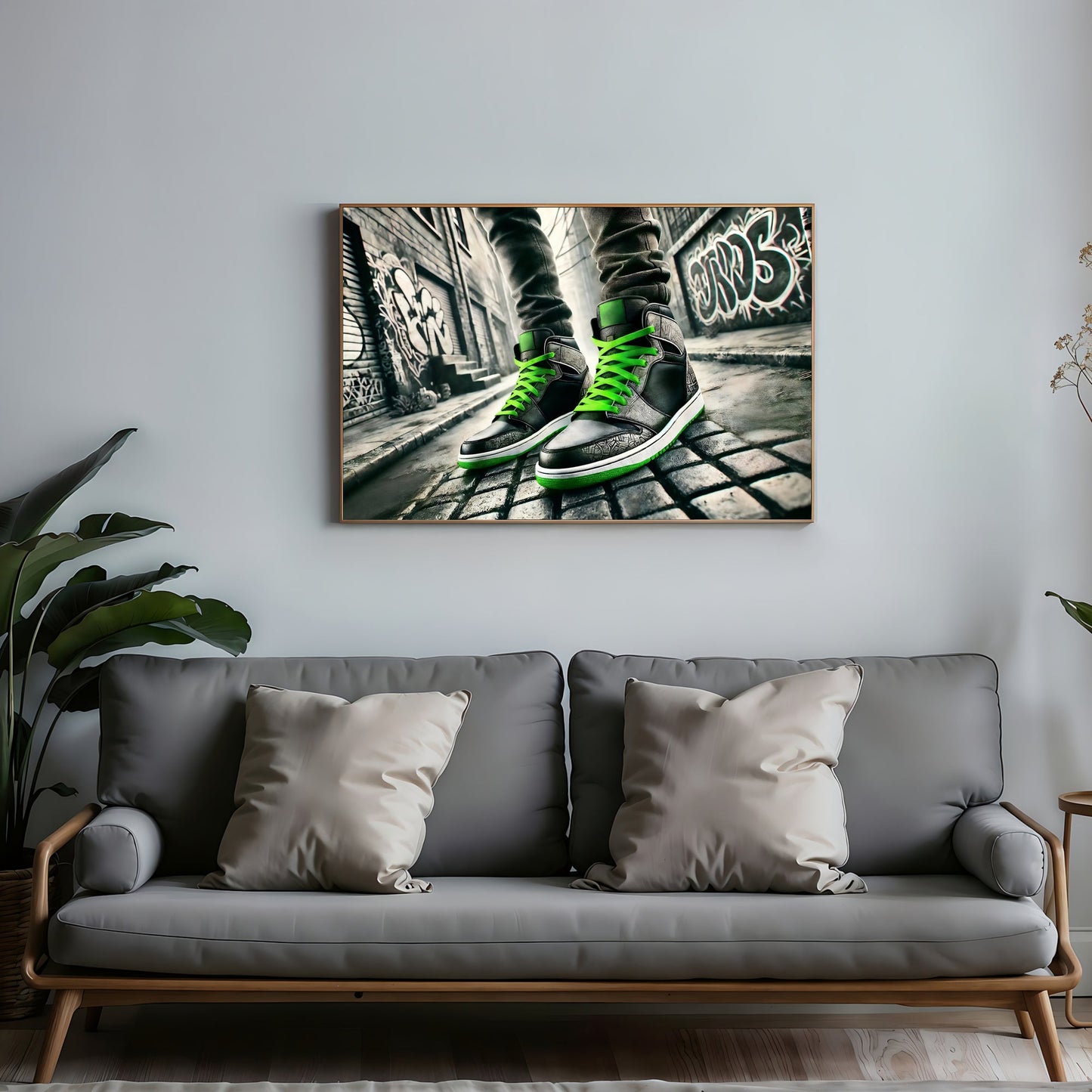 Green - Laced Trainers - Arts To GloryGreen - Laced TrainersDigital Wall ArtArts To GloryDigital artwork featuring green - laced trainers with an urban alleyway setting, 100x70cm.