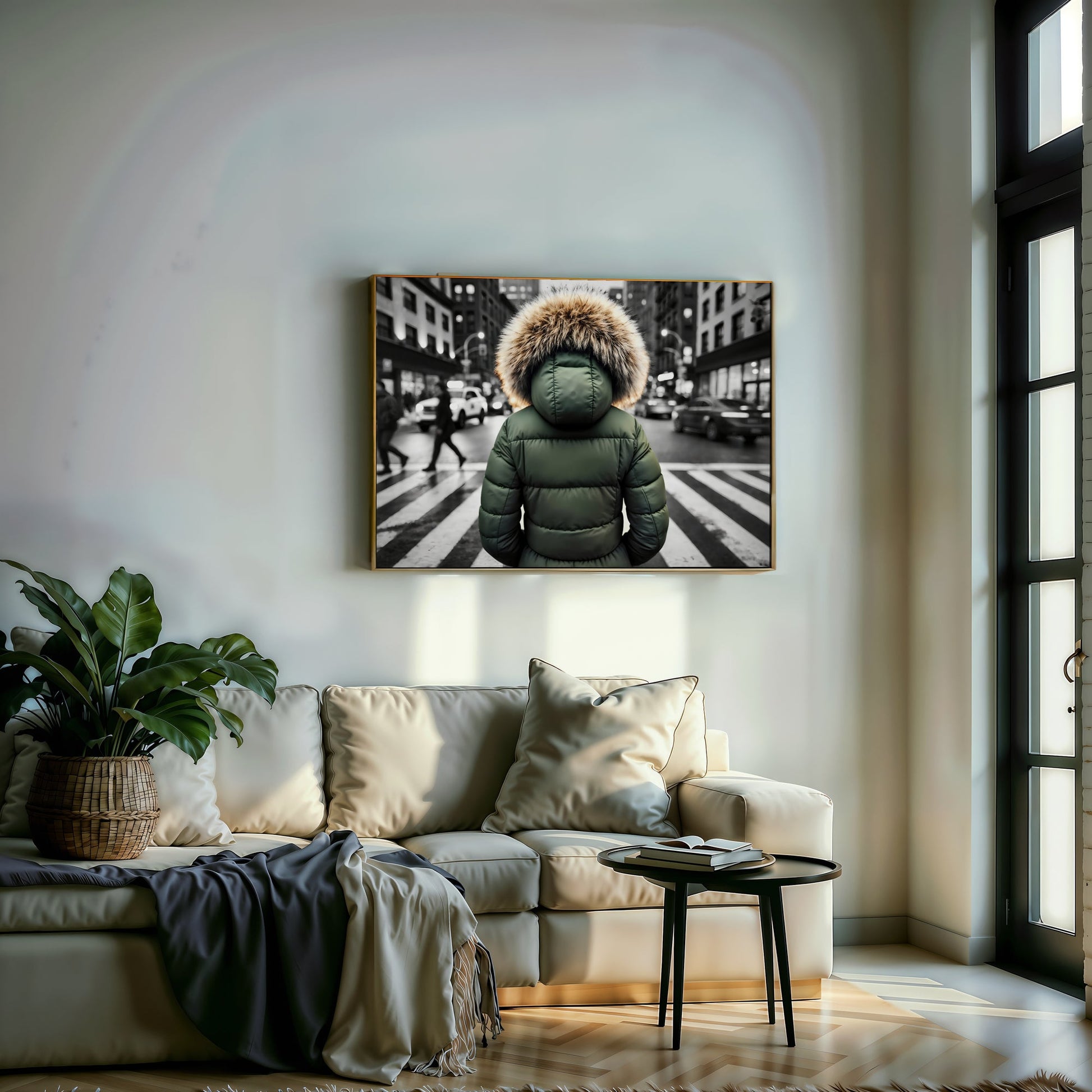 Green Puffer Jacket in Urban City Crossing - Arts To GloryGreen Puffer Jacket in Urban City CrossingDigital Wall ArtArts To GloryUrban street scene in black and white featuring a vibrant green coat as the focal point, perfect for modern interiors.