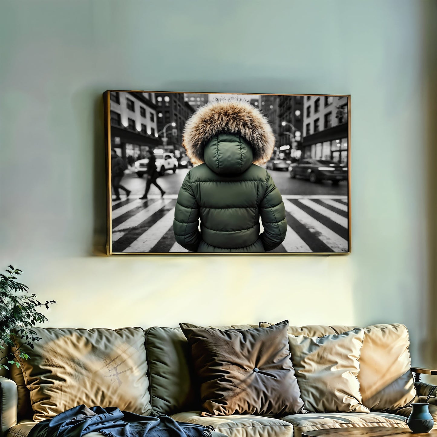 Green Puffer Jacket in Urban City Crossing - Arts To GloryGreen Puffer Jacket in Urban City CrossingDigital Wall ArtArts To GloryMinimalist city background, highlighting a puffer jacket with fur hood, perfect for modern décor.